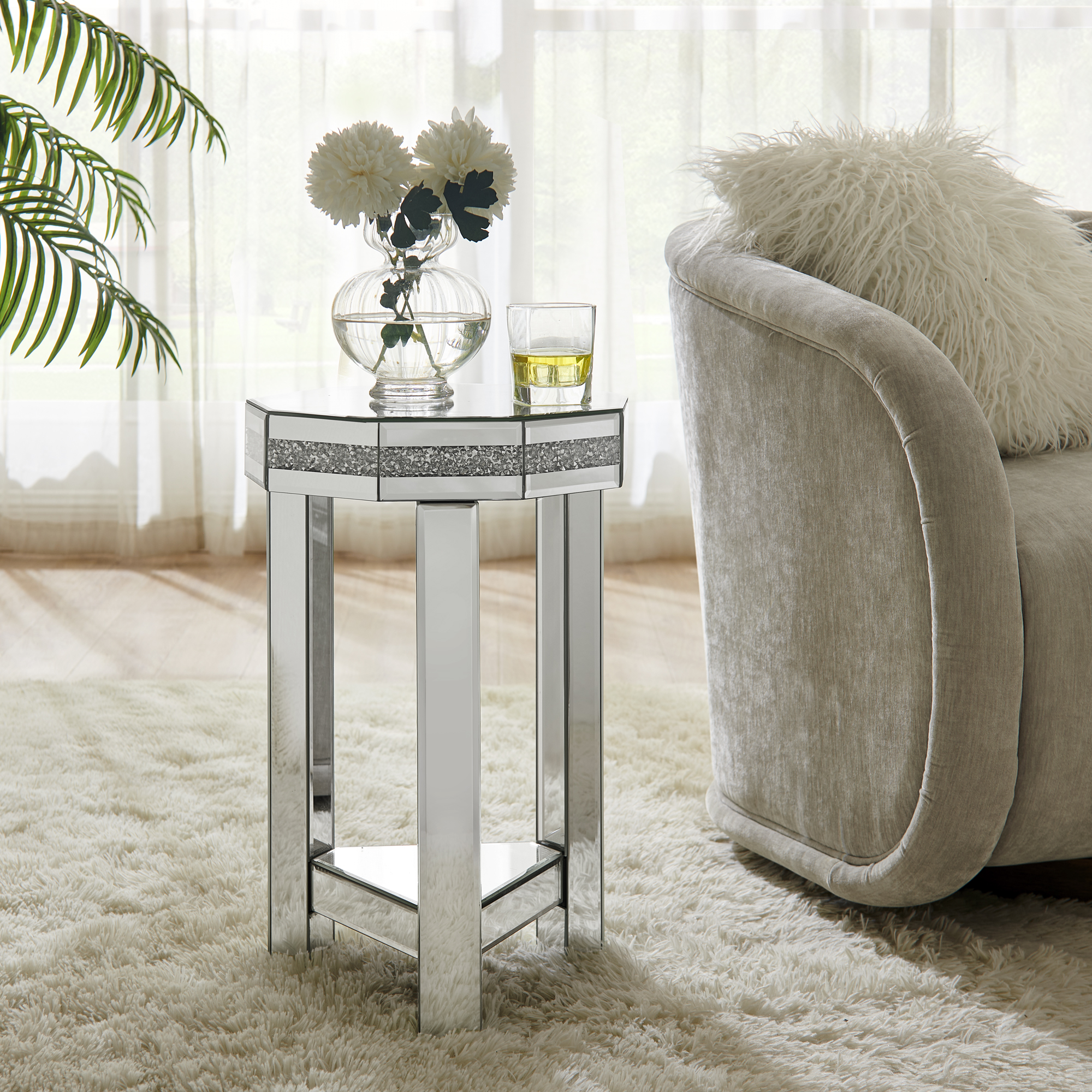 Mirrored Octagon End Table With Crystals Inlay, 2-Tier Modern Small Sofa Table With Storage, Silver Accent Side Table For Living Room, Bedroom, Coffee, And Small Spaces 13.8W X 13.8D X 21H