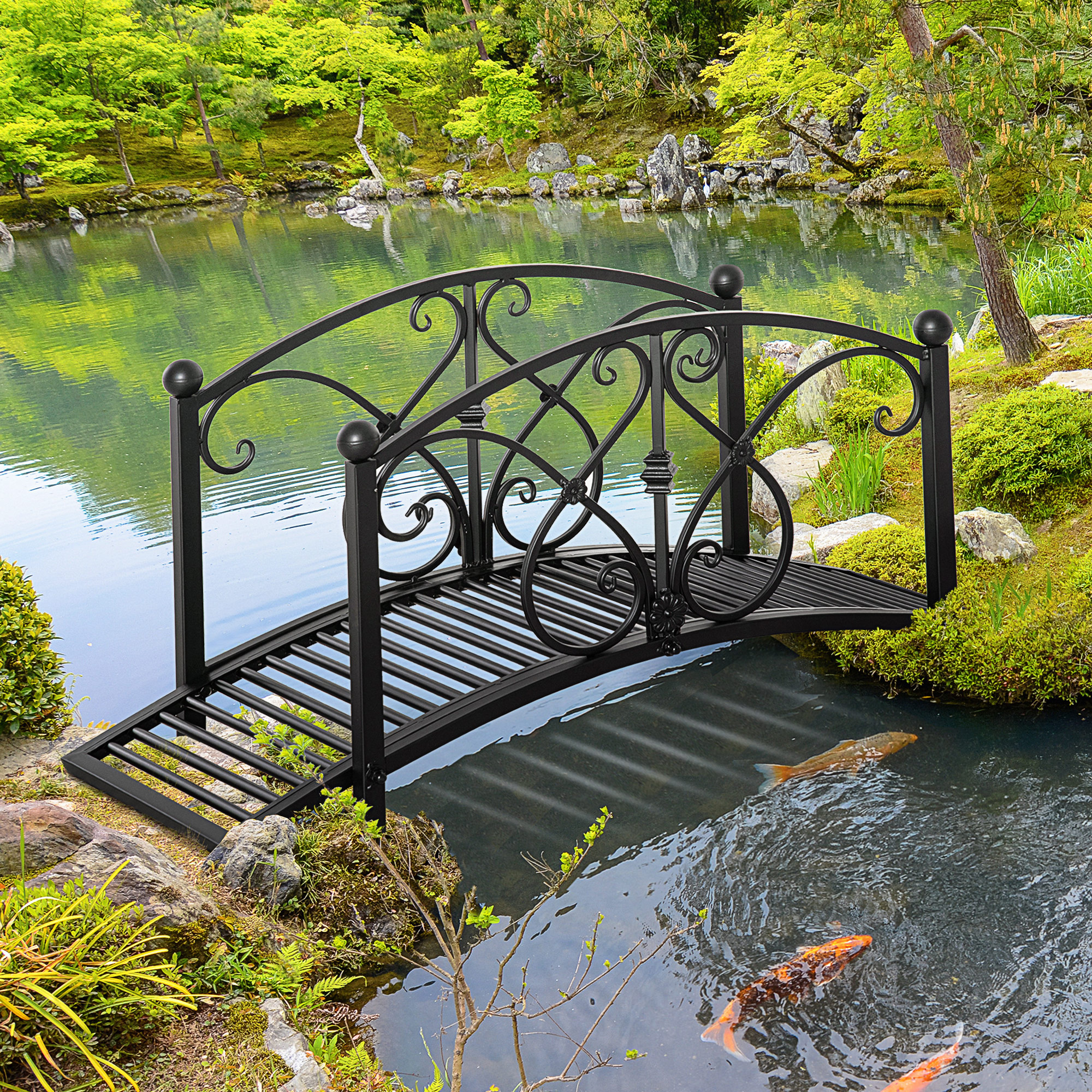 Puente decorativo de jardín 3.3 pies con barandales de seguridad, clásico, negro