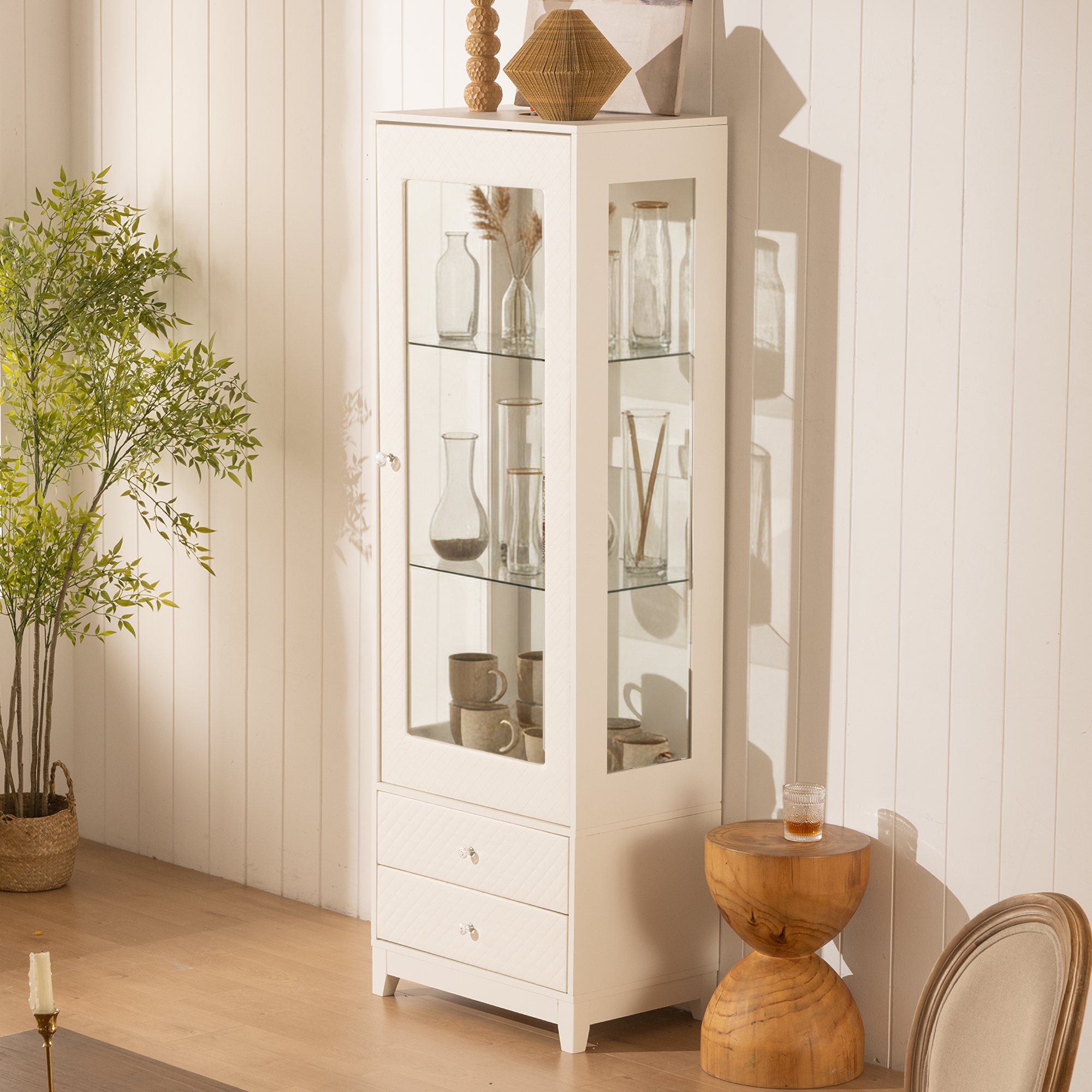 71  Freestanding Upholstered Display Cabinet, Upholstered Glass Door Cabinet With Ceiling Light,Wine Cabinet With Adjustable Shelves, For Livingroom, Kitchen, Bar & Dining Room - White