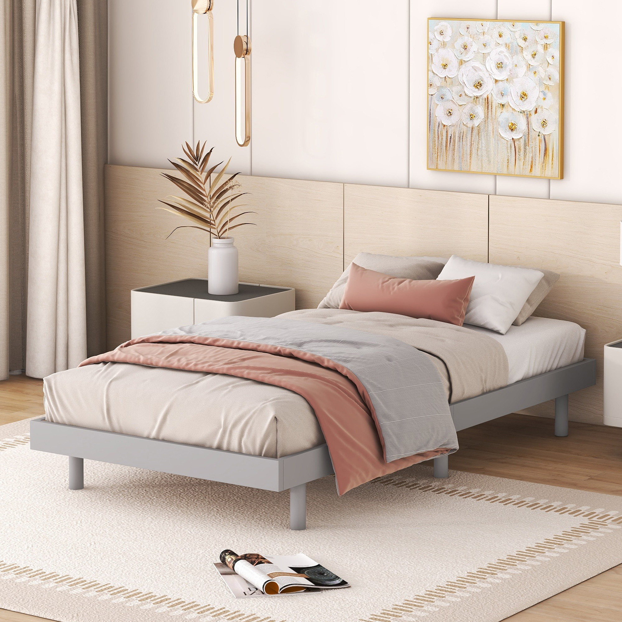 Modern Design Twin Size Floating Platform Bed Frame For Grey Color