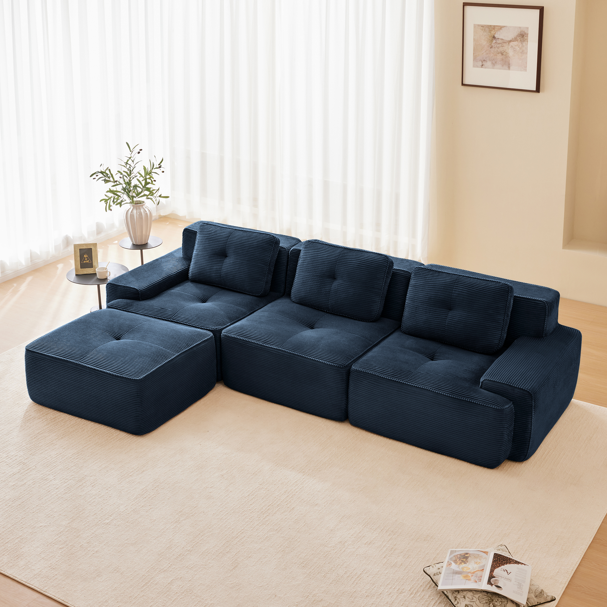 Sofá modular 117 moderno en L, de pana, 3 plazas, asiento profundo y otomana móvil