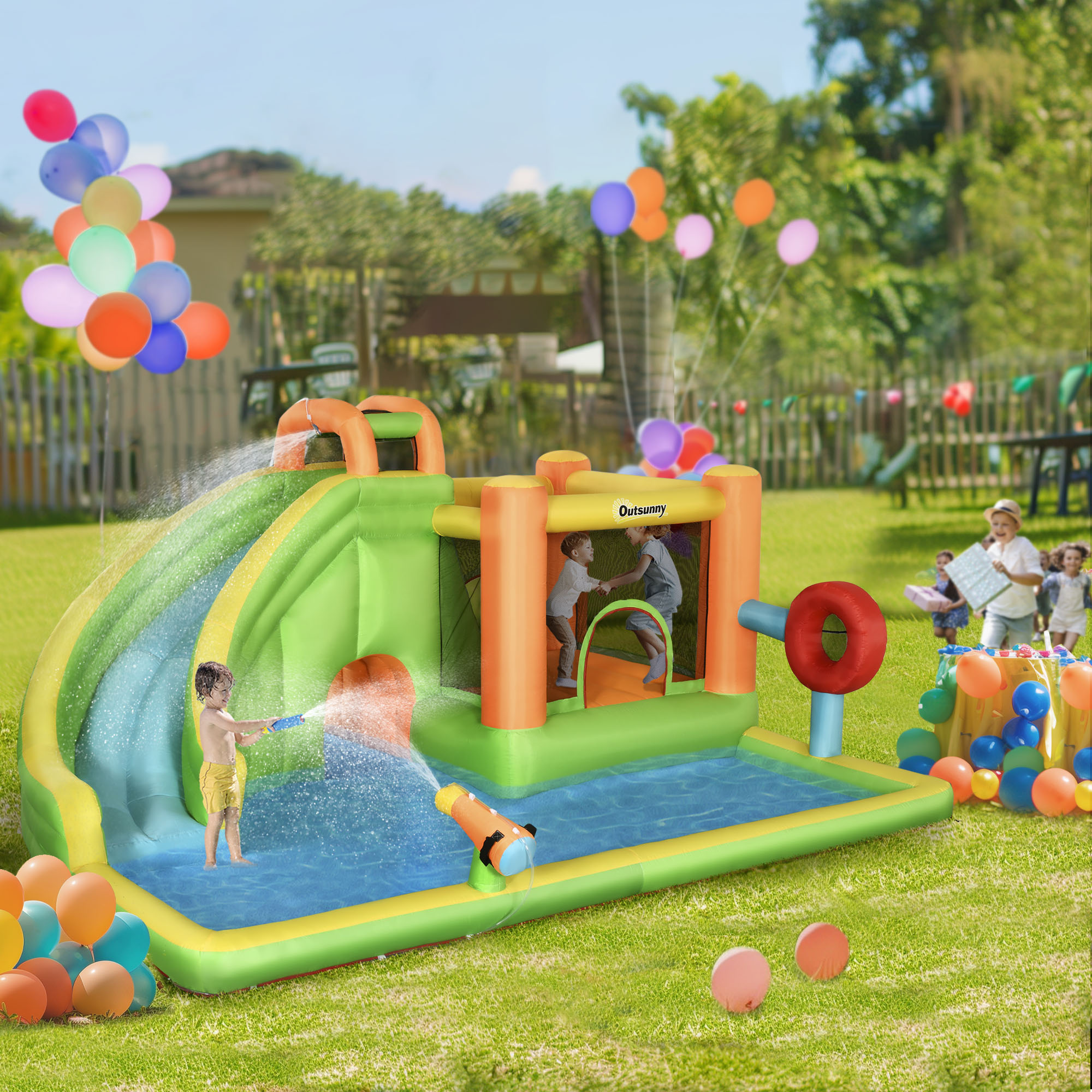 Tobogán de agua inflable 7 en 1, casa de rebote con piscina, trampolín y cañón de agua.