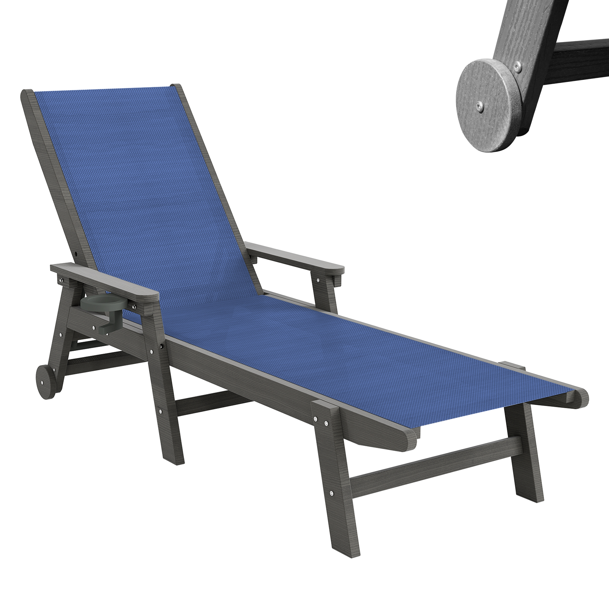 Lounge Chair Outdoor, HDPE Chaise Lounge Outdoor With Wheels, Patio Lounge Chair Adjustable 5-Position Recliner For Patio, Poolside, Yard, Navy Blue
