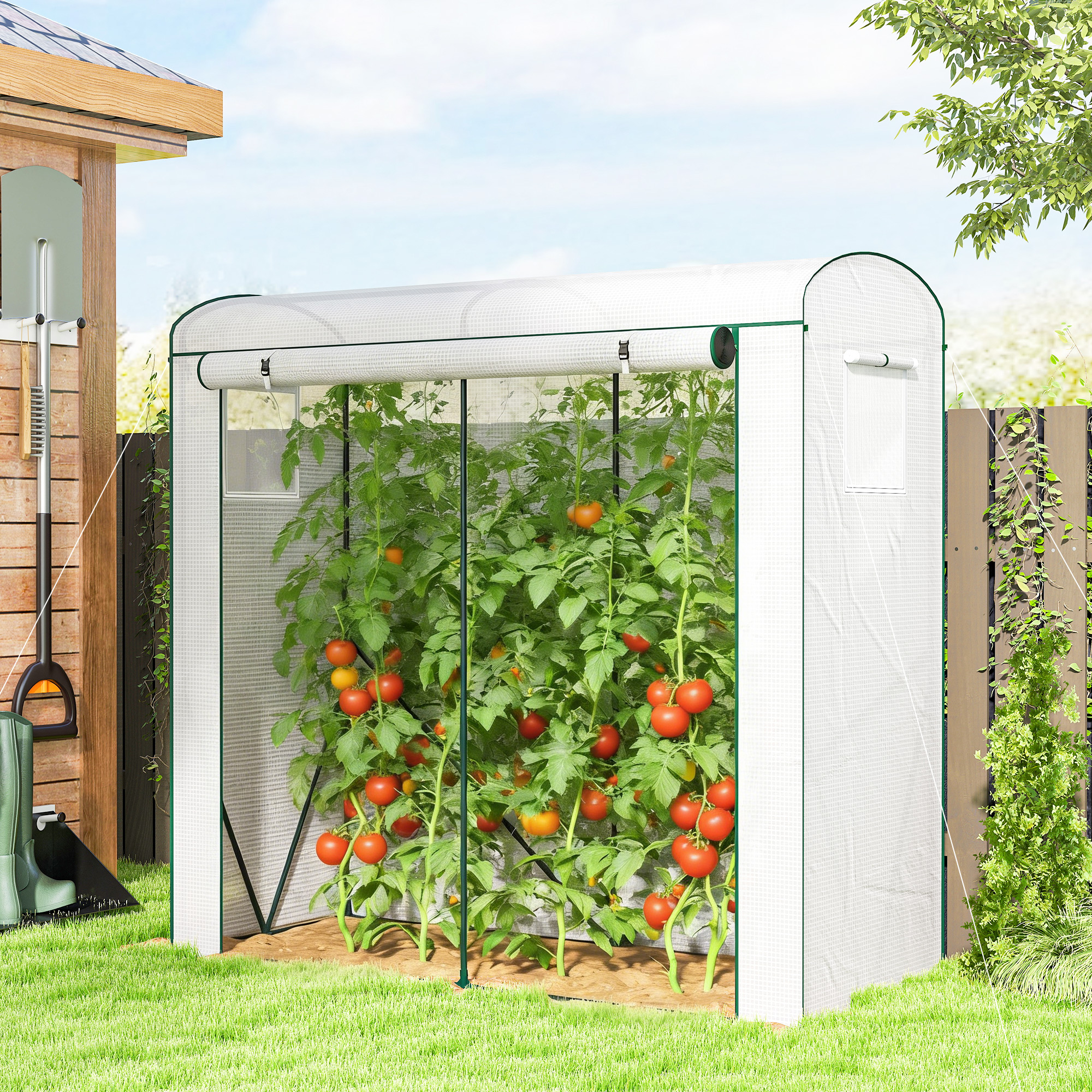 Invernadero mini portátil con puerta enrollable, 2 ventanas de malla, cubierta PE, blanco