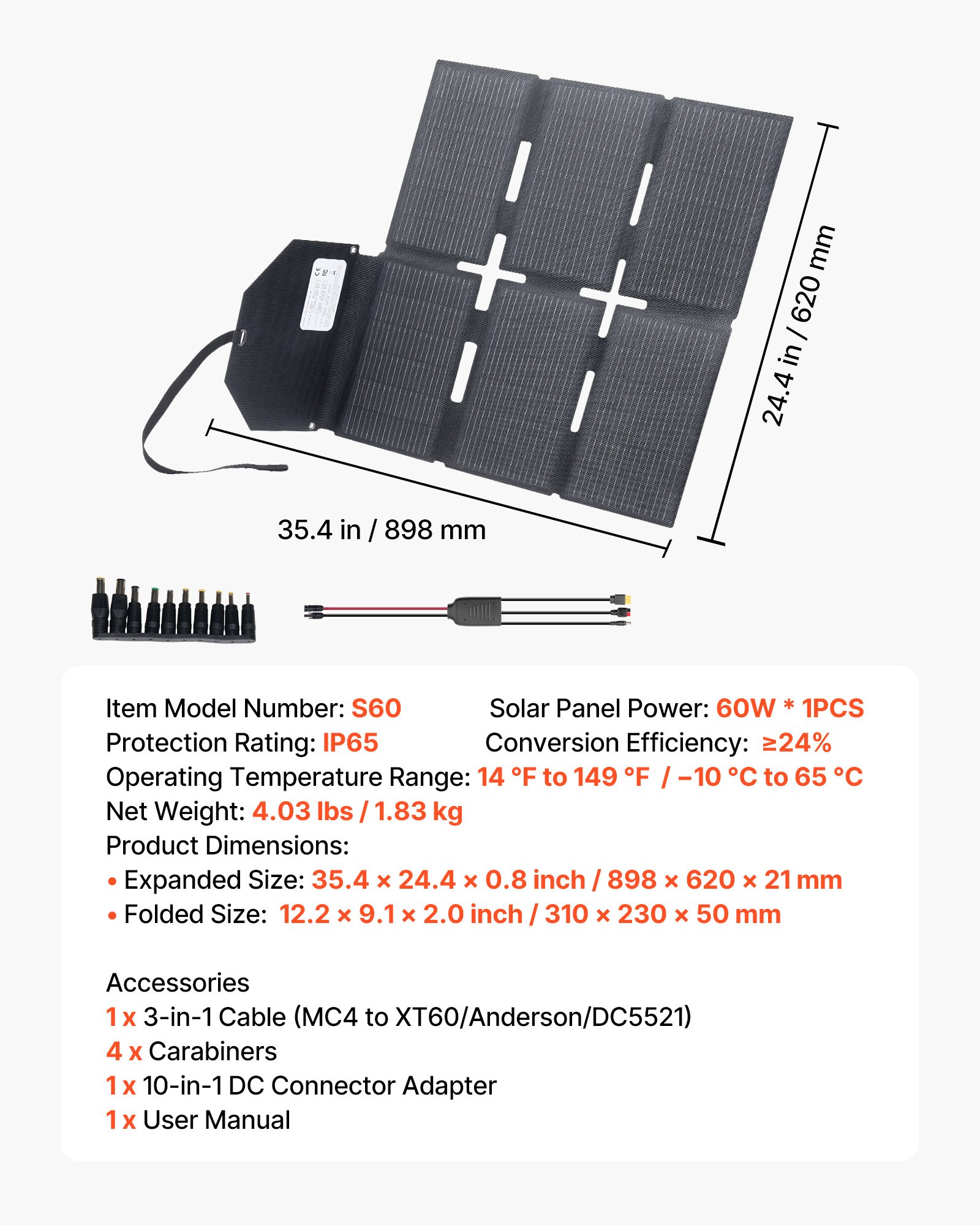 60W Foldable Solar Panel Charger, 16BB N-Type Monocrystalline Solar Panel 24% Efficiency, Lightweight Portable With MC4 Output, Type-C, USB-A & DC Ports For Power Stations Camping Hiking