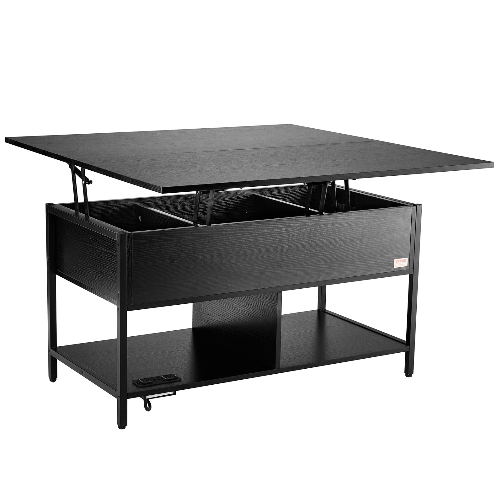 Mesa de centro elevable rectangular 39.4 pulgadas, con toma de corriente, USB y luz, negra