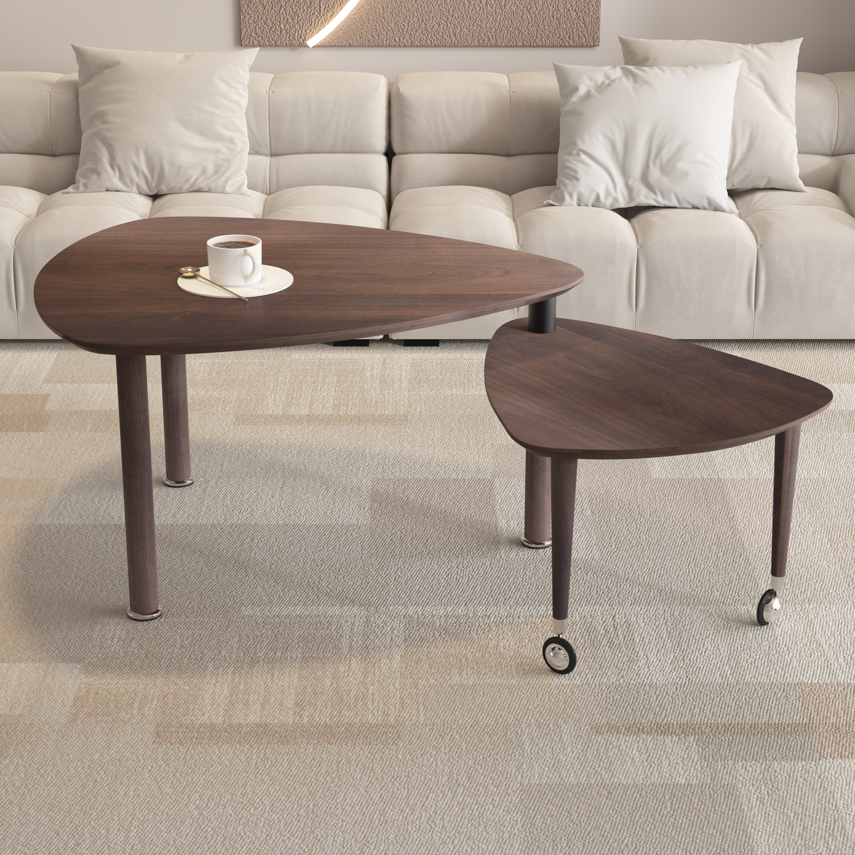 Mesa de centro moderna giratoria 360 grados con patas de madera maciza.
