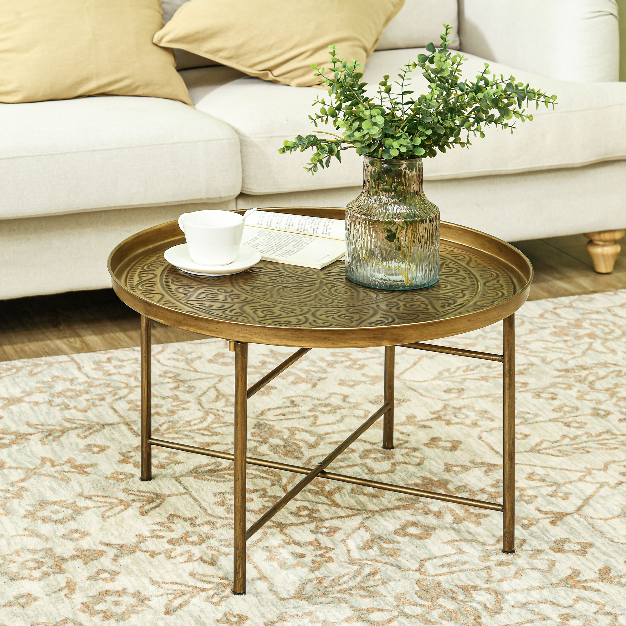 Coffee Table for Living Room, 24" Round Center Table with Hammered Tray Top and Metal Frame for Bedroom, Gold
