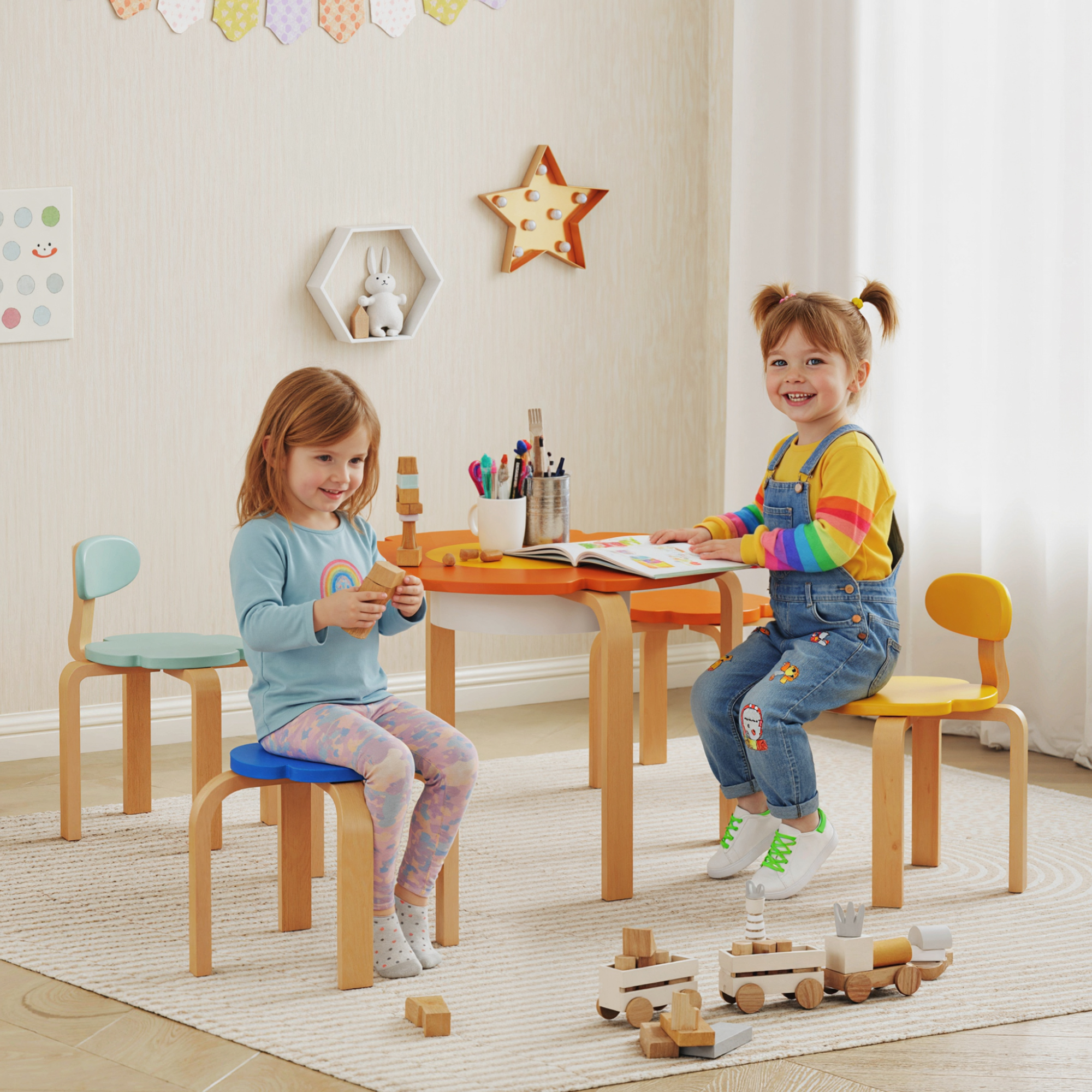 5 Piece Kids Table and Chairs Set, Toddler Table and Chair Set with Built-in Storage, for Nursery, Living Room, Playroom