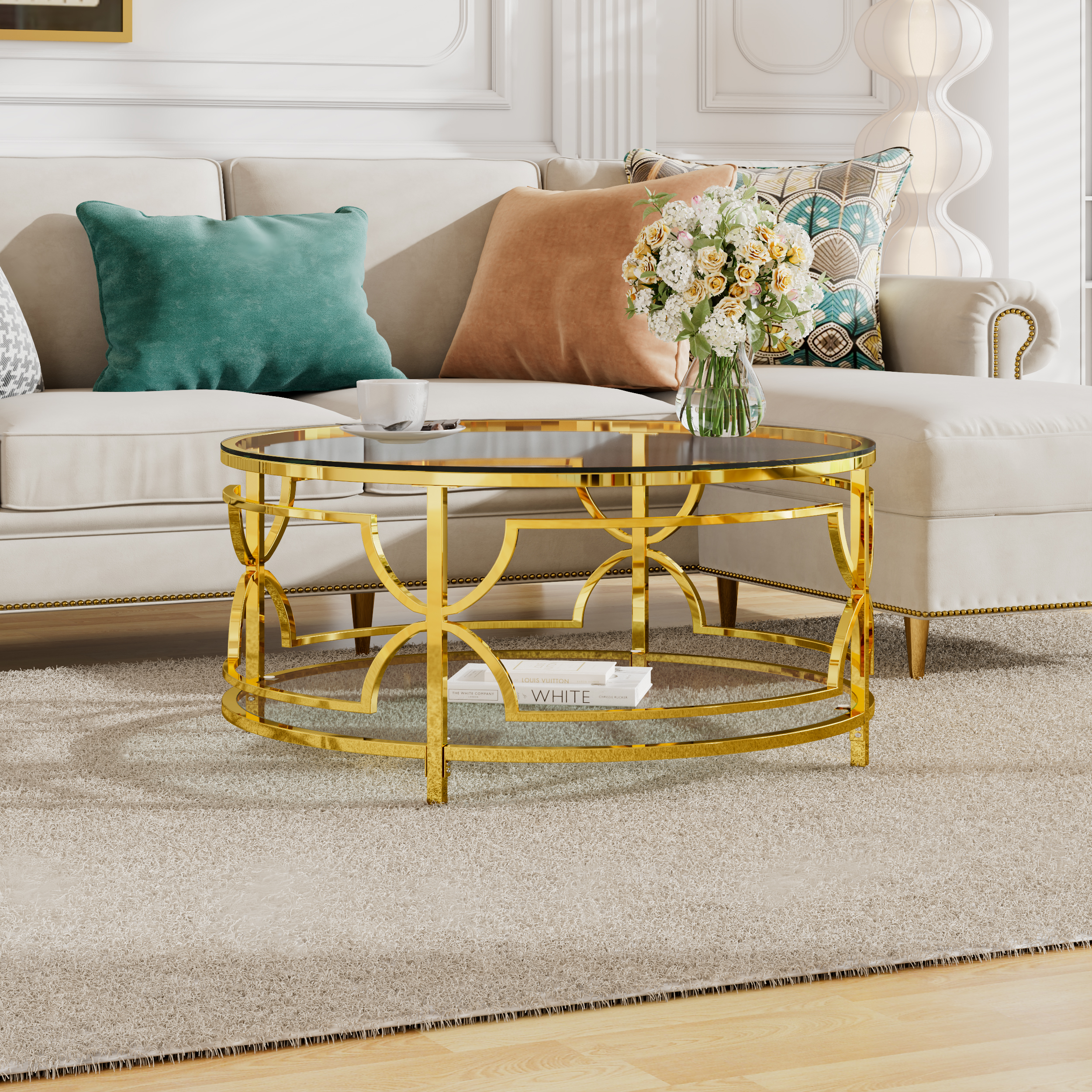 Round Tempered Glass Coffee Table In 30.7 ,Luxurious Geometric Metal Frame,Gold Finish & Lower Shelf, Transparent