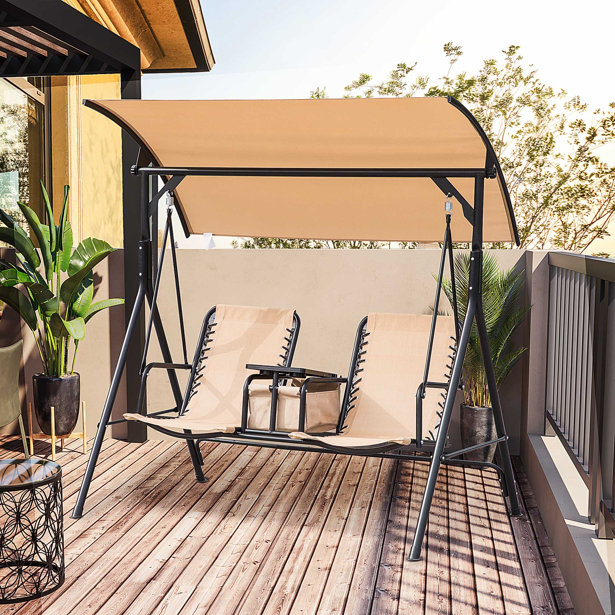 Columpio de porche para 2 personas con toldo, mesa de almacenamiento y portavasos, beige