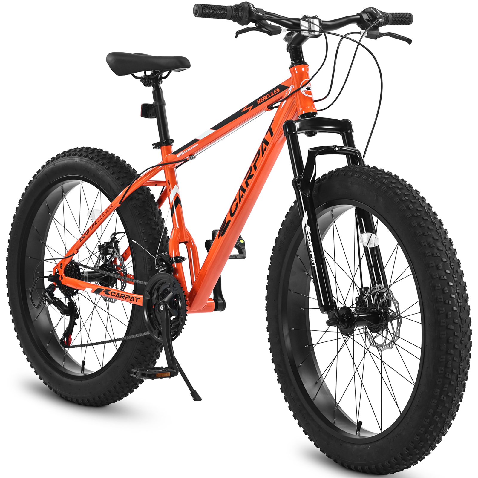 S26109 Elecony 26 Inch Fat Tire Bike Youth Full Shimano 21 Speed Mountain Bike, Dual Disc Brake, High-Carbon Steel Frame, Front Suspension, Mountain Trail Bike, Urban Commuter City Bicycle