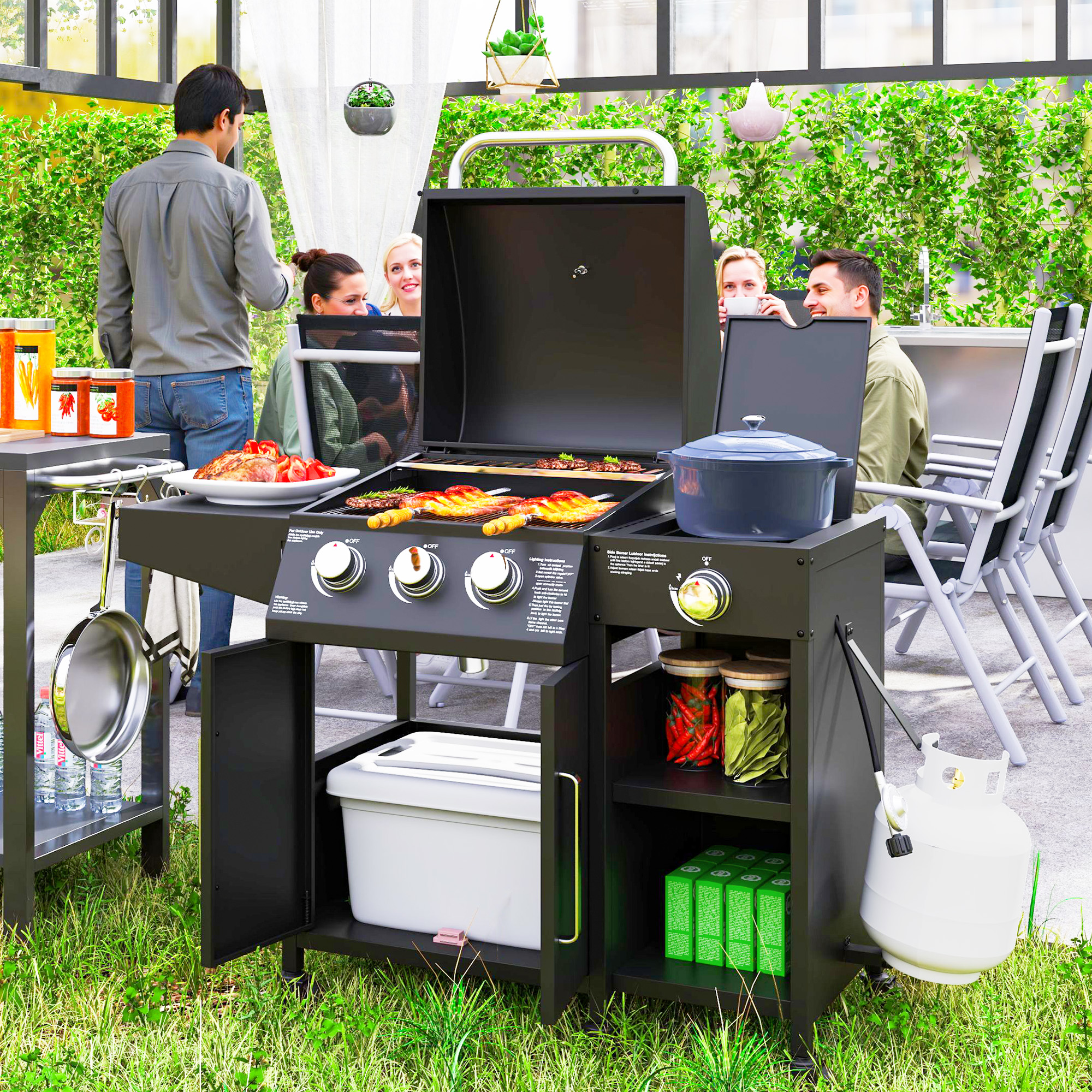 3 Burner Propane Gas Grill with Side Burner Barbecue Grill with Shelves, 9.5 KW Output, 310 Sq. in. Cooking Area
