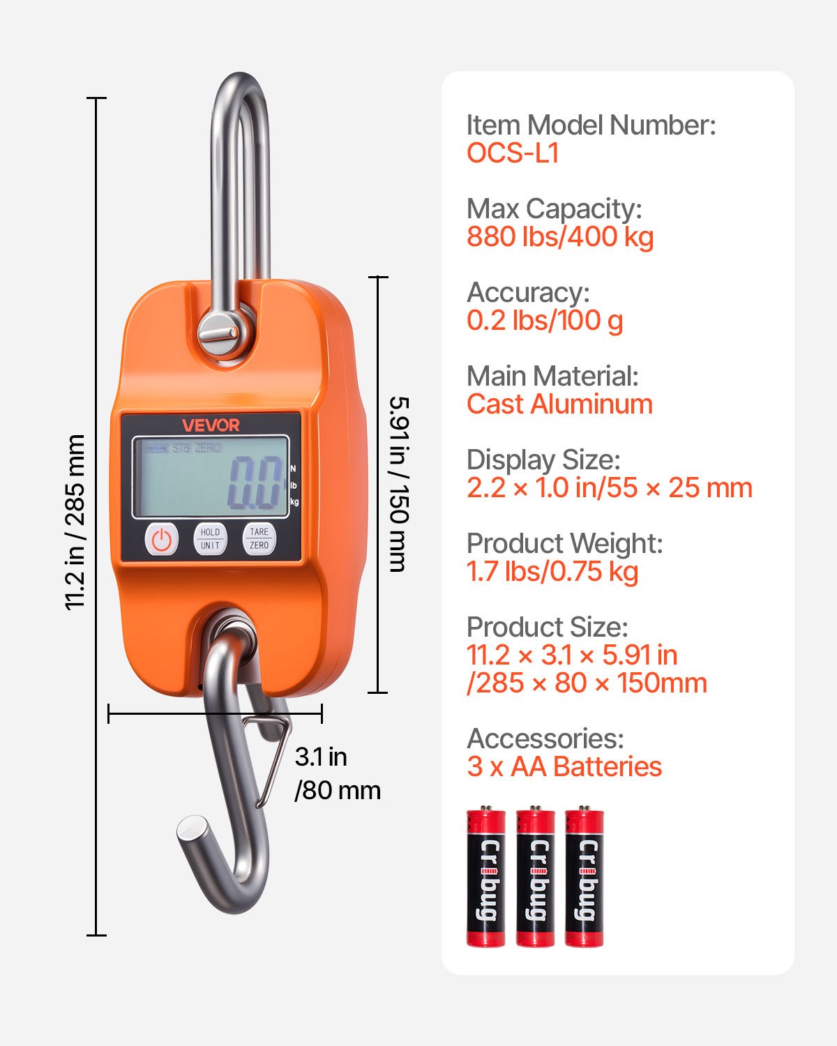 Báscula colgante digital, 880 libras/400 kg, portátil con pantalla LCD