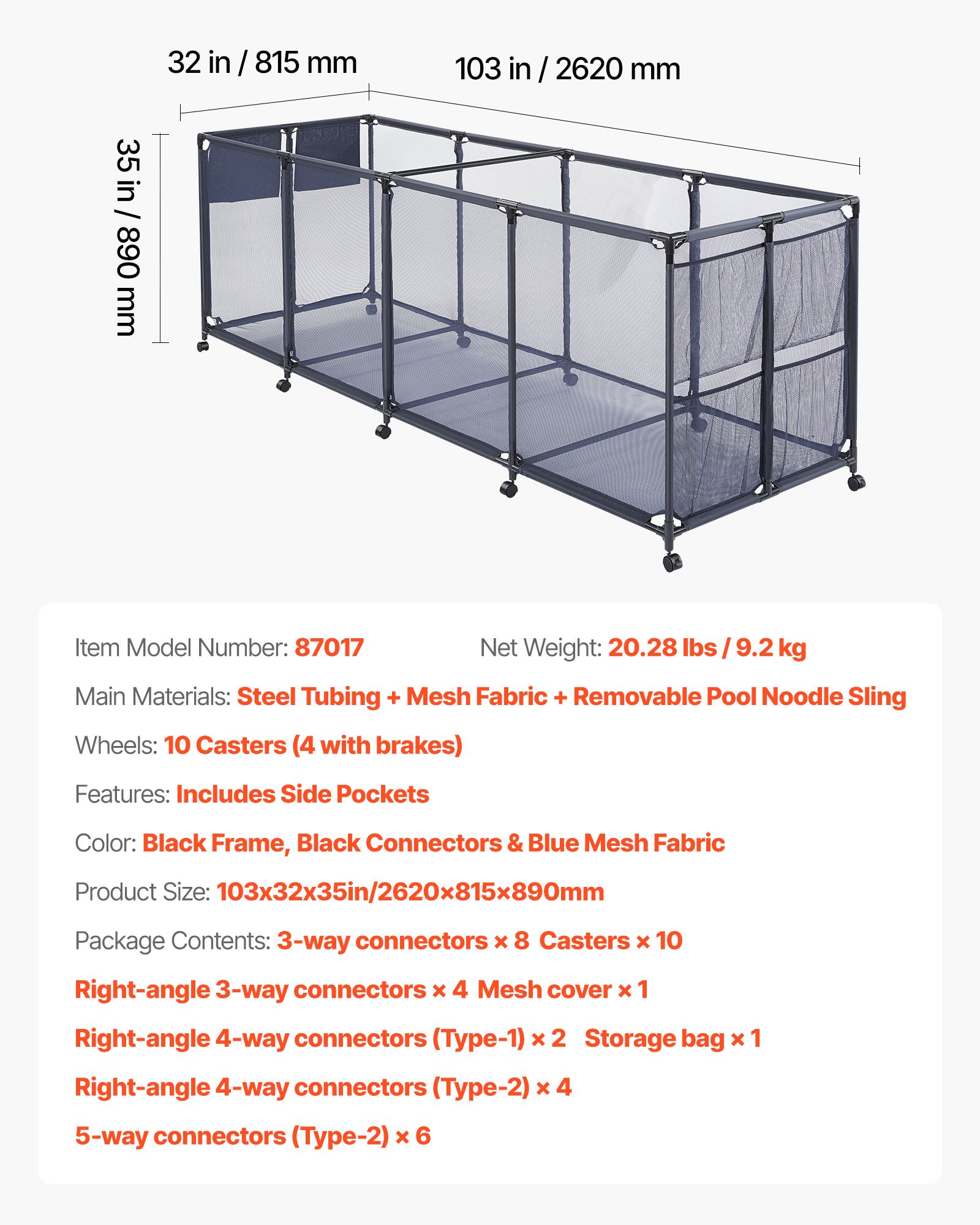 Cesto organizador para piscina, 103 x 32 x 35 pulgadas, con ruedas