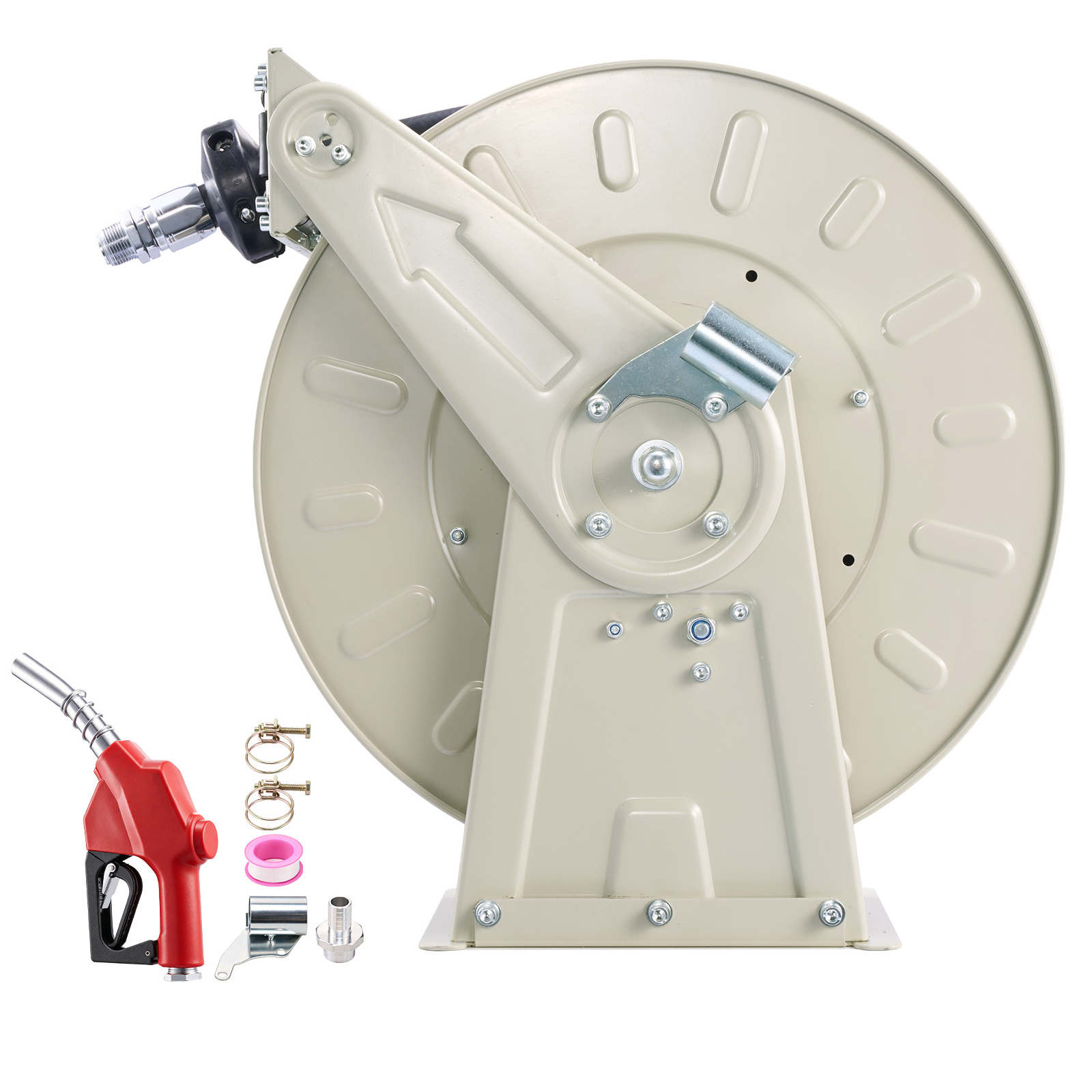 Fuel Hose Reel, 1 Inch X 50 Ft Retractable, Spring Driven Auto Swivel Rewind, 300 PSI, Heavy-Duty Carbon Steel Construction With Industrial Grade Rubber Hose, For Diesel Fuel, Kerosene