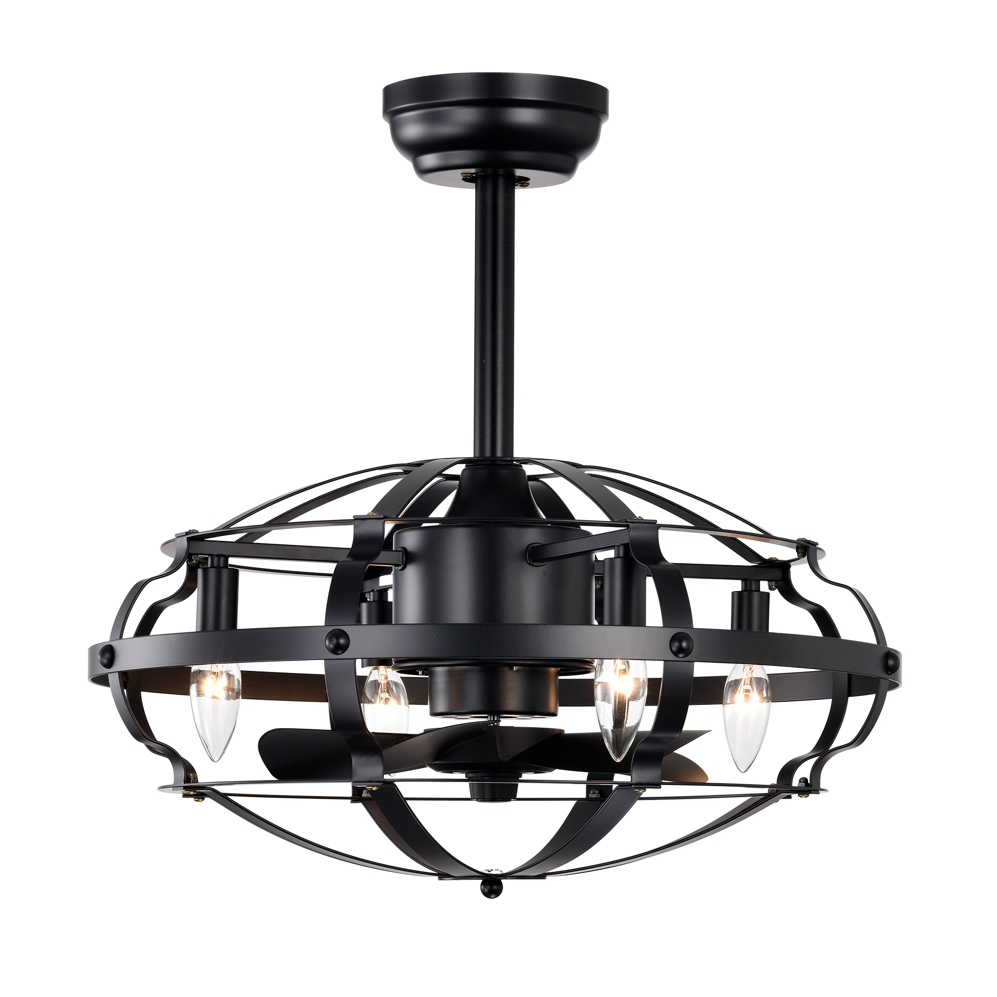 20.63 INCH Caged Ceiling Fan With Lights For Farmhouse, Bedroom Living Room Bedroom--NOT Included Bulbs--Matte Black