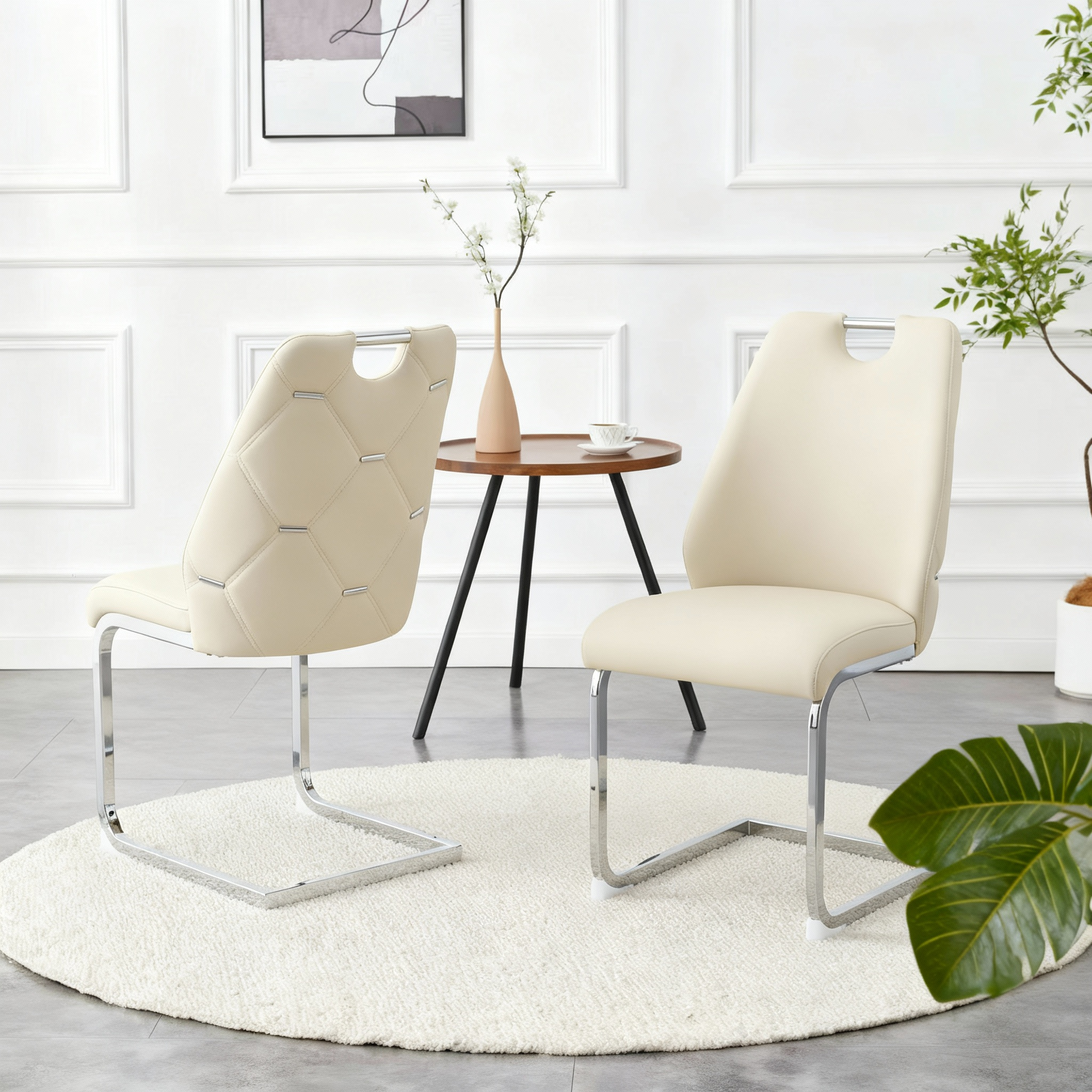 Dining Chairs Set Of 2, Off White Faux Leather Kitchen Chairs With Gold Mesh Texture, Silver Back Ring And Chrome Pull Handle, High Back Upholstered Dining Room Chair  Off White, Set Of 2