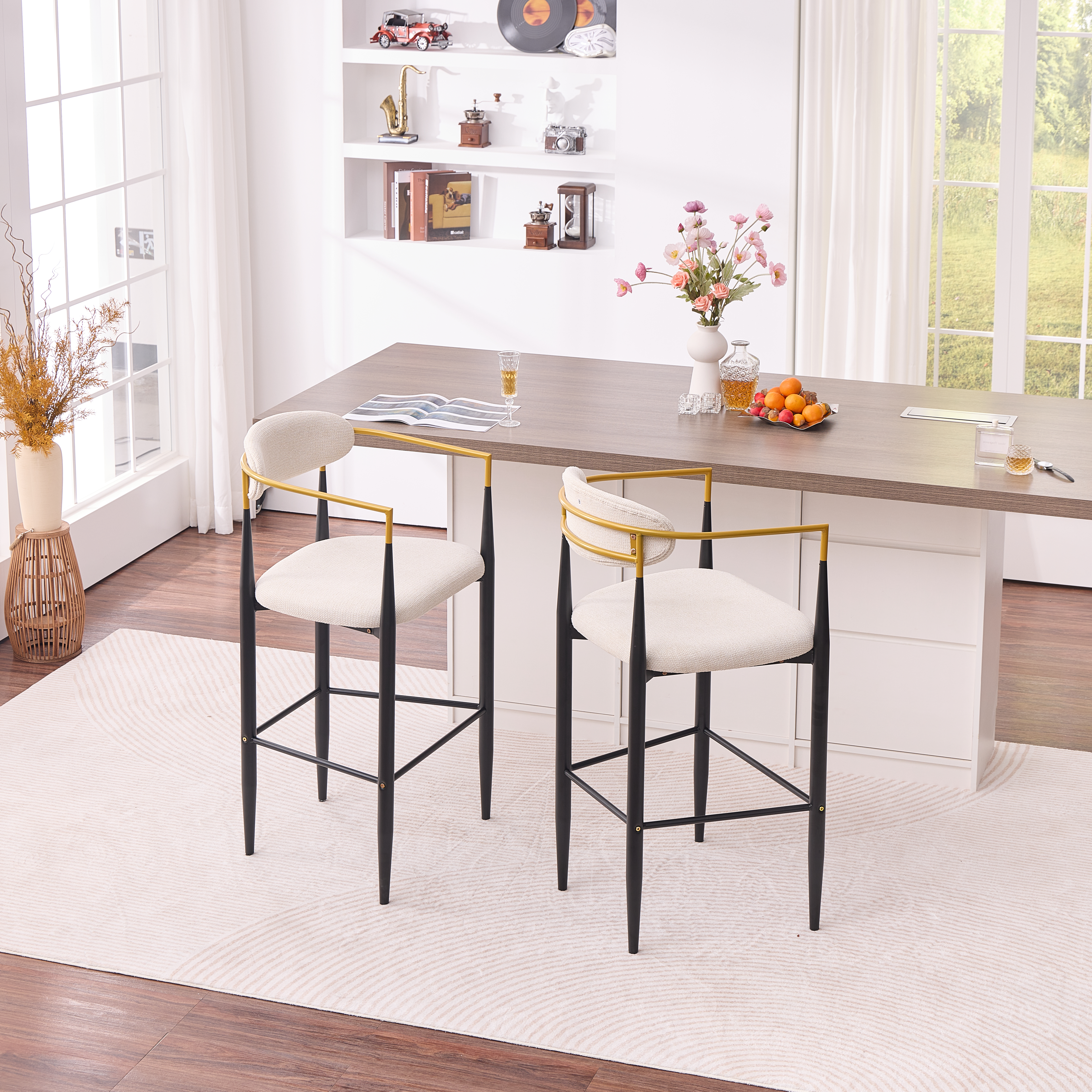Modern Upholstered Bar Stool With Gold-Accented Armrests - 23 Seat Height,Ergonomic Design For Kitchen Island Or Dining Counter Use,Set Of 2 - Beige Fabric & Black Metal Frame