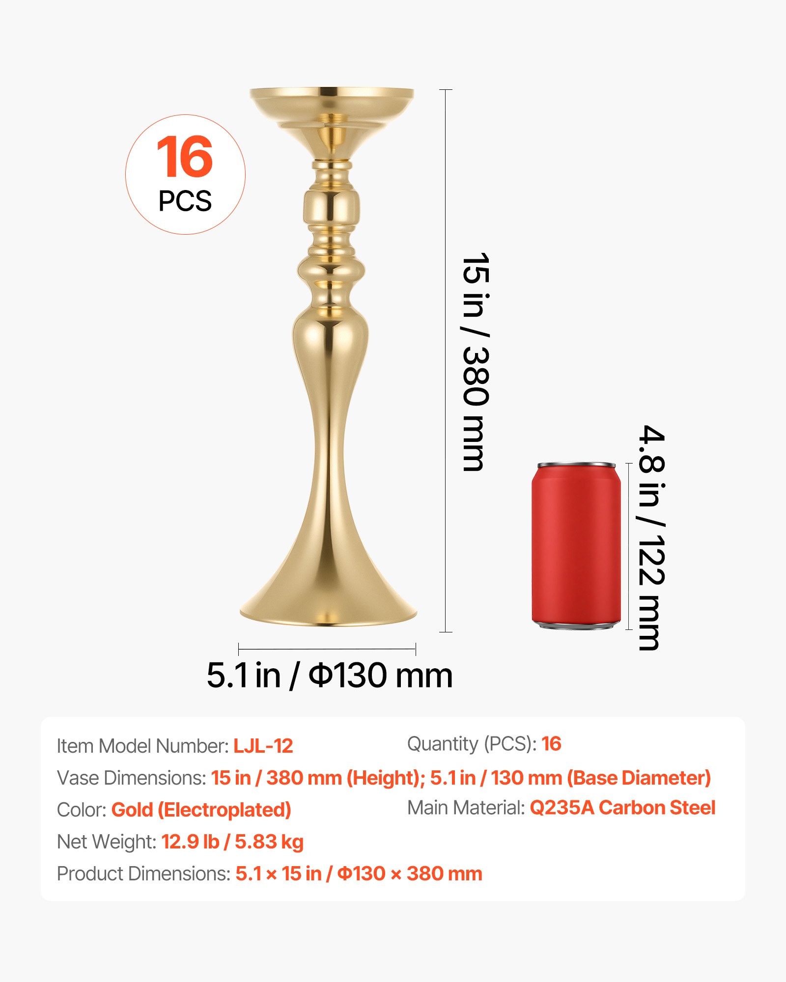 16 PCS Wedding Flower Vase, 15 In Tall Flower Table Centerpieces, Crystal Banquet Vases Easy Installation, Electroplated Versatile Arrangement Stand For Party Events Home Decor Reception, Gold