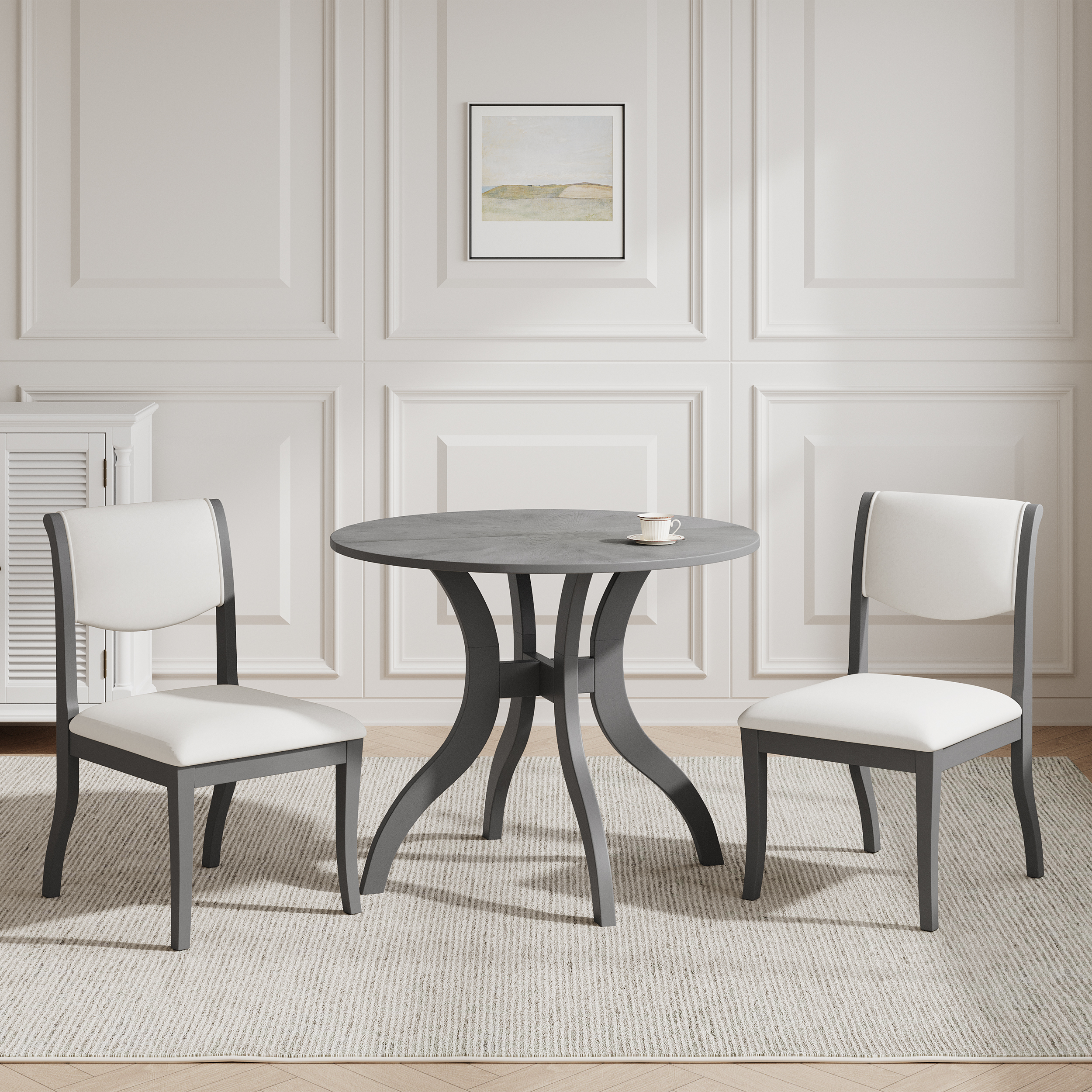 Juego de comedor roble gris: mesa redonda de 39.4 pulgadas y 2 sillas de madera maciza