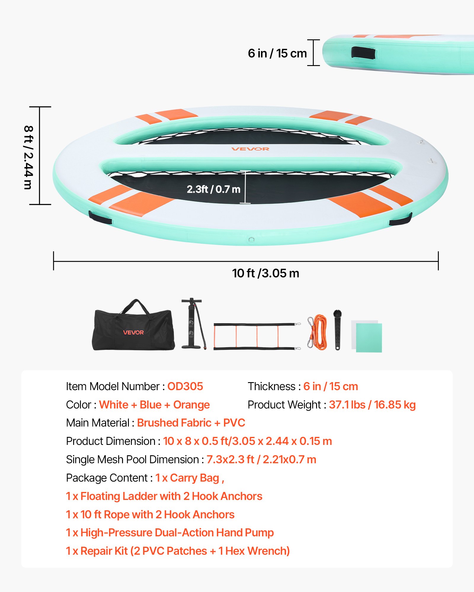 Inflatable Floating Dock, 10x8 FT Round Inflatable Dock Platform, Non-Slip Water Air Mat With Portable Carrying Bag & Detachable Ladder, Floating Water Platform Island Raft For Pool Beach Ocean