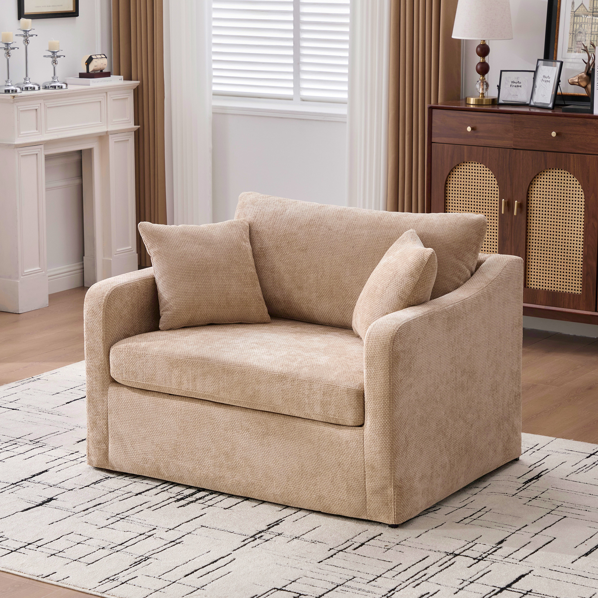 43.9 Wide Modern Upholstered Farmhouse Performance Accent Chair With Black Metal Legs,  Chenille Reading Armchair Single Sofa With Two Bolster Pillows For Living Room Offices And Lounge,Wheat