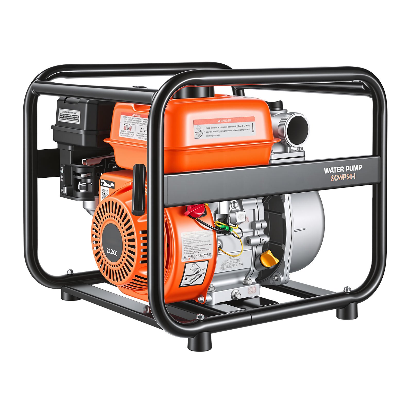 Bomba de agua a gasolina, 2 pulgadas, 132 GPM, 6.5 HP, manguera de 25 pies