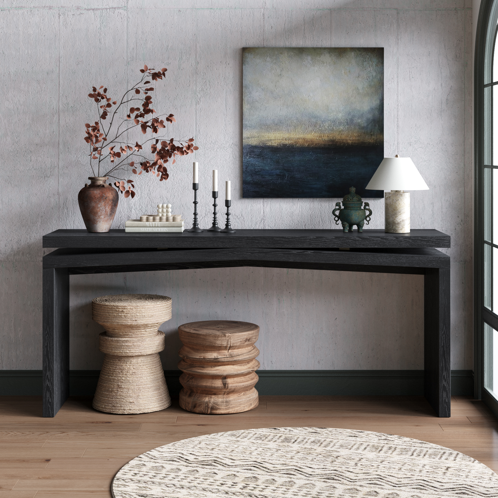 65-Inch Rustic Solid Wood Veneer Console Table, Long Farmhouse Entryway Sofa Table For Living Room, Hallway, Behind Couch, Apartment, Black