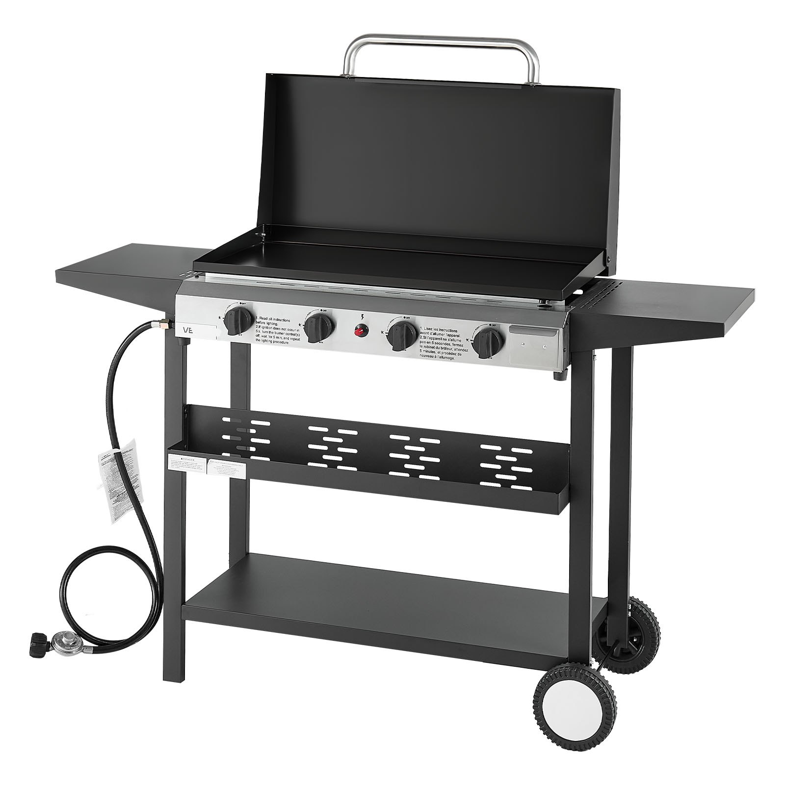 Plancha de gas de 4 quemadores, 29 pulgadas, con ruedas y tapa, 28000 BTU, exterior.