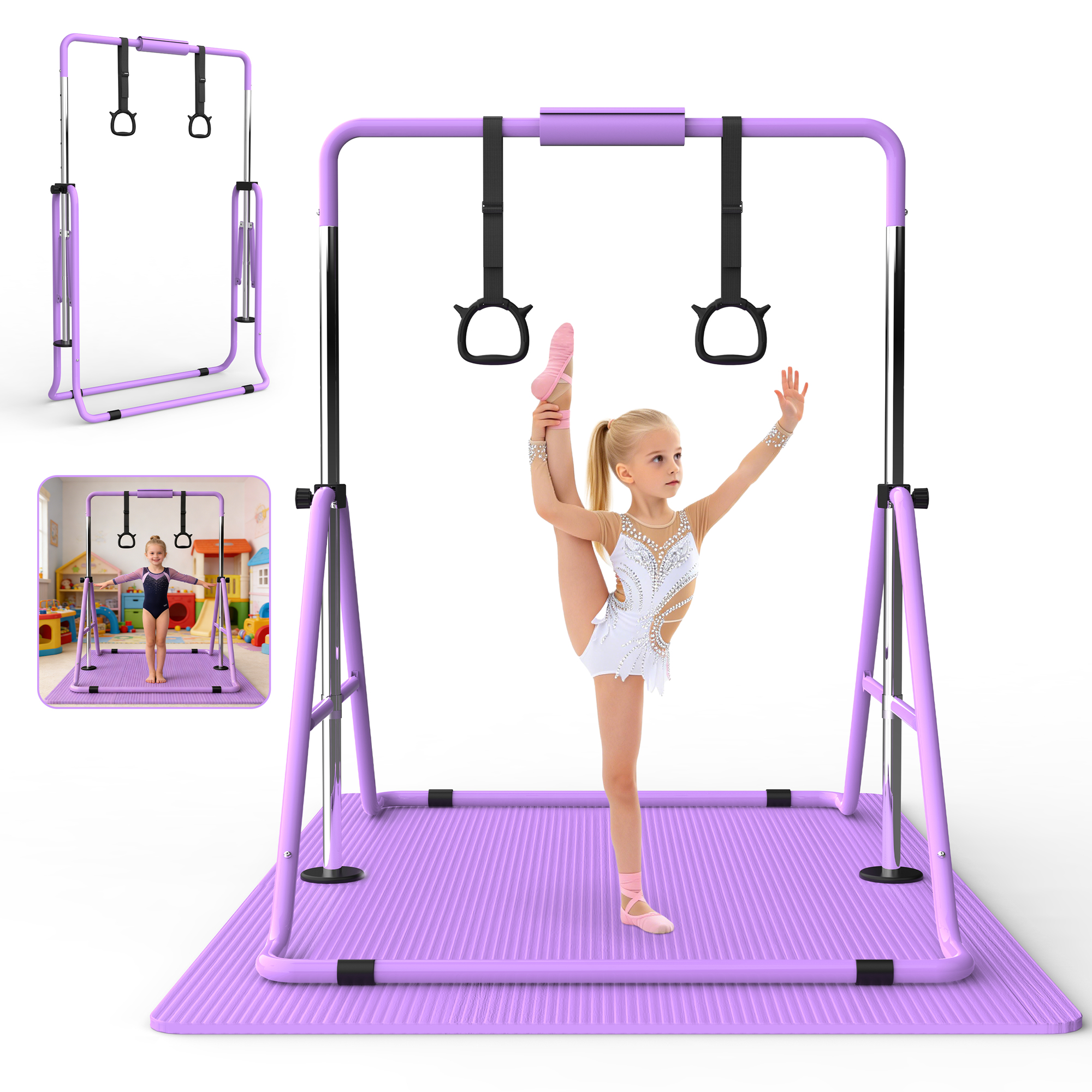 Barra de gimnasia horizontal plegable para niños, altura ajustable, con colchoneta
