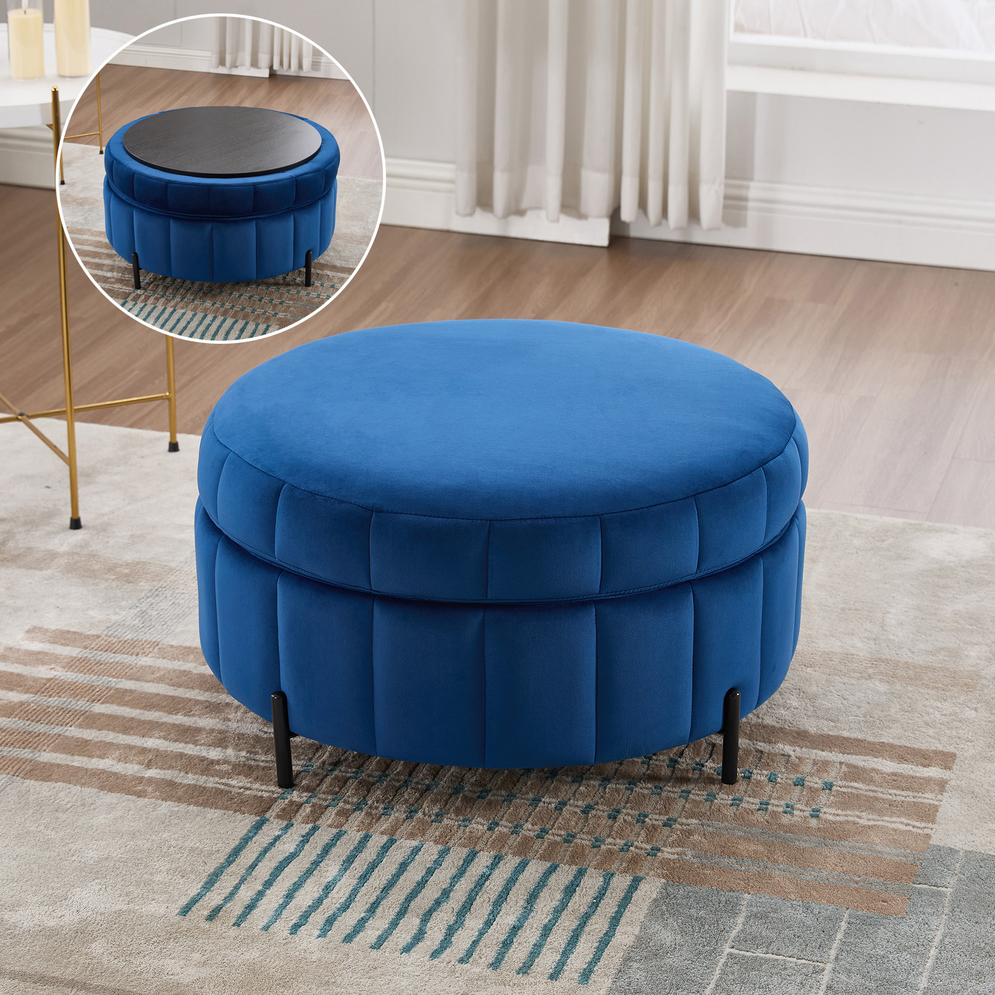 31.5 W Upholstered Round Ottoman With Reversible Lid, Velvet Storage Stool, Channel Tufted Pumpkin-shape Footstool For Living Room, Bedroom And Office, Navy