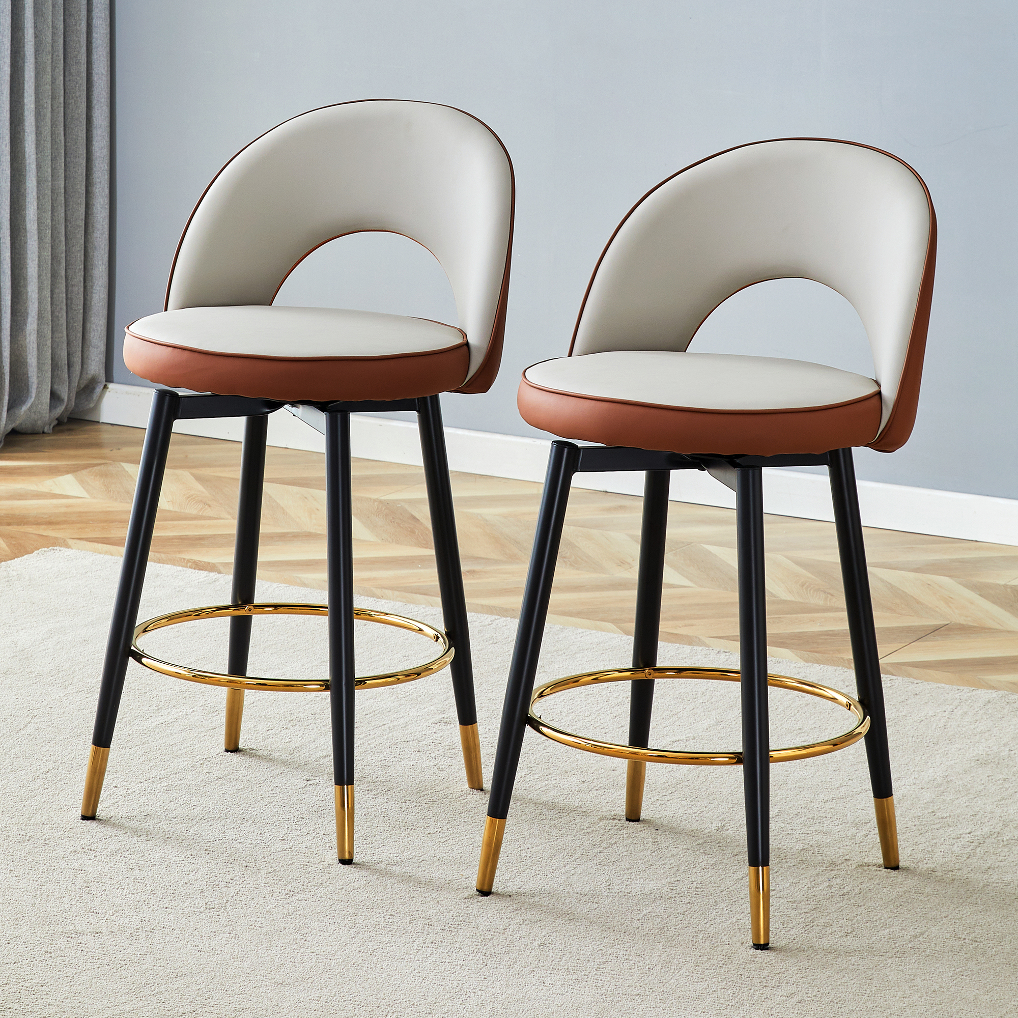 360  Rotatable Bar Chair.Modern Brown And Light Gray Spliced Color PU Comfortable Upholstered Bar Chair With Smooth And Beautiful Black Metal Legs For Dining Room, Kitchen, Terrace.Set Of 2.