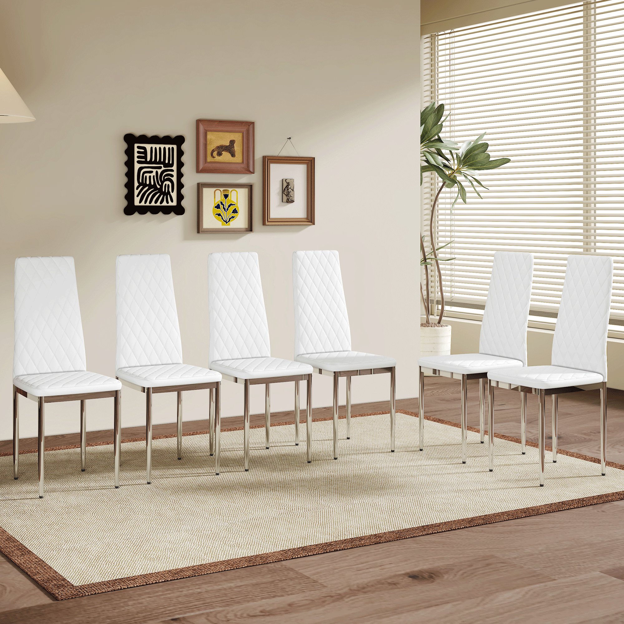 Modern Style Dining Chairs Set Of 6 In White, Essential For Minimalist Homes.Meeting Family Dining Needs,PU Material Seat,Silver Metal Legs,Blending Into Various Home Environments.W1151107276