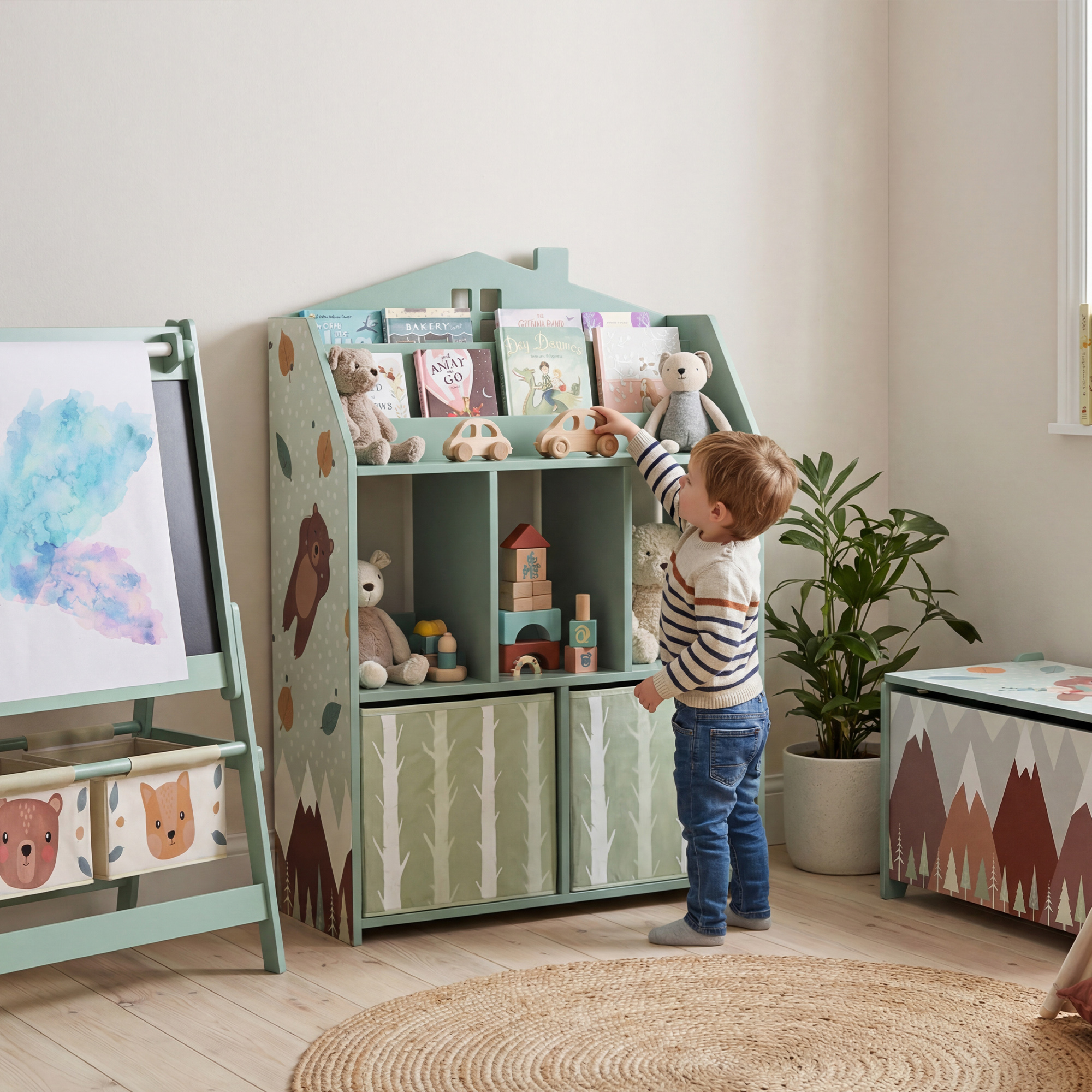 Kids Bookshelf with Storage, Toy Storage Unit with Book Display, Shelves and Fabric Drawers for Playroom Nursery, Green