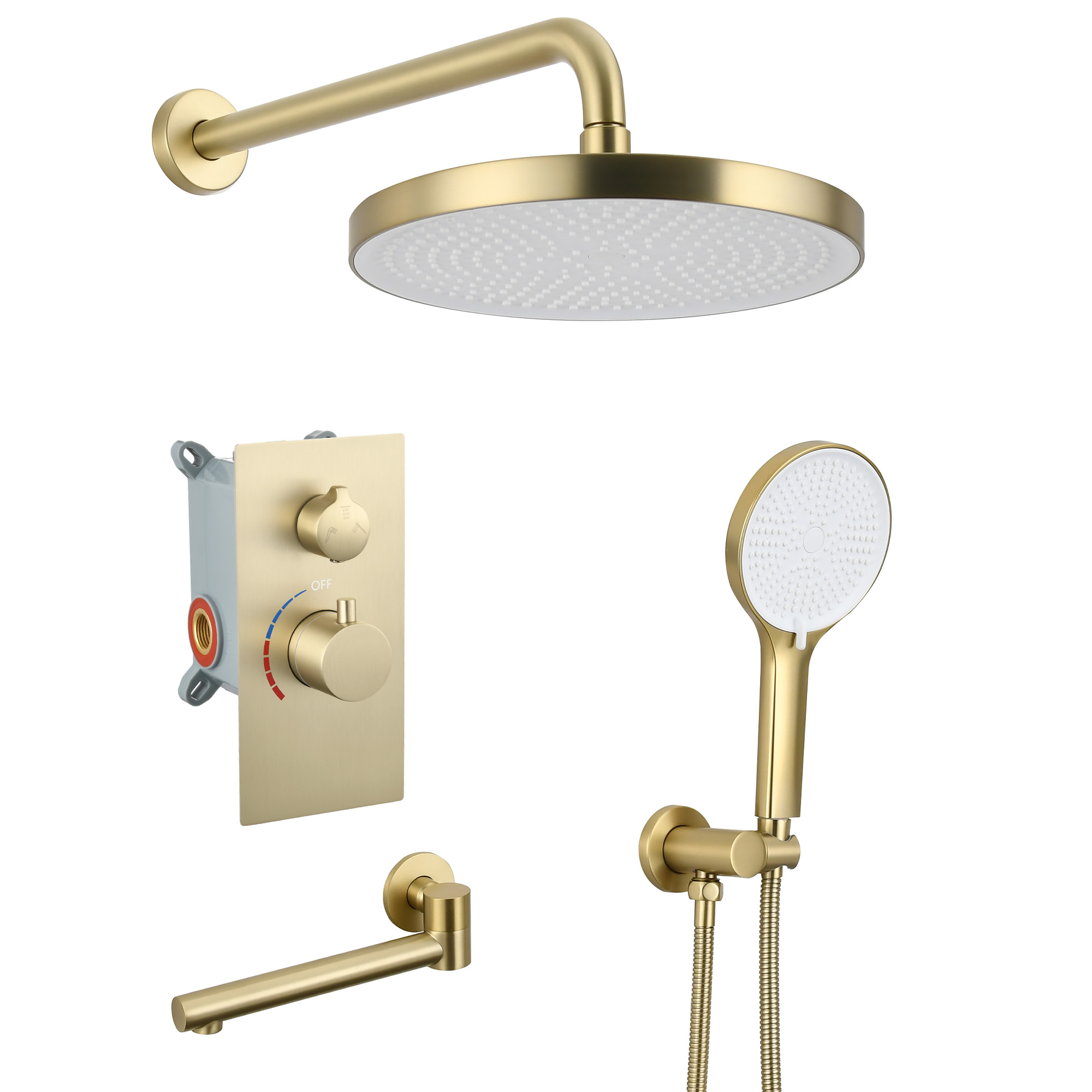 Luxury 3-Function Shower System Set - Solid Brass Control Valve, 10  Overhead Shower, 3-Spray Handheld, With Bathtub Spout