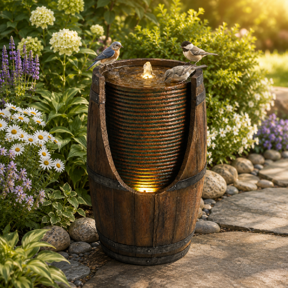 Outdoor Barrel Water Fountain With Lights Rustic Wood Look Resin Handmade Waterfall Garden Decor For Patio Yard Porch