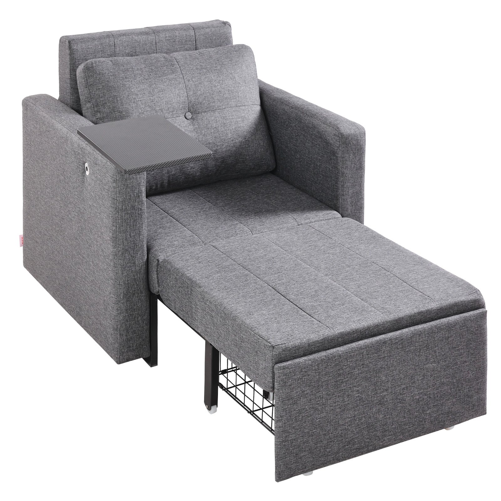 Sleeper Sofa Bed, Convertible Sleeper Bed With Side Pocket, Pillow, Armrest And Desk Board, 5 Adjustable Angles Backrest, Single Pull Out Sofa Couch With 2 Wheels And Bottom Storage, Gray