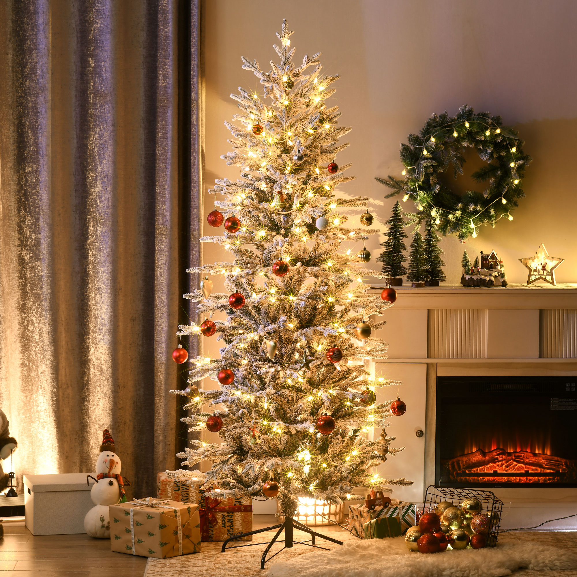 Árbol de Navidad artificial preiluminado de 6 pies, nevado, luces LED cálidas