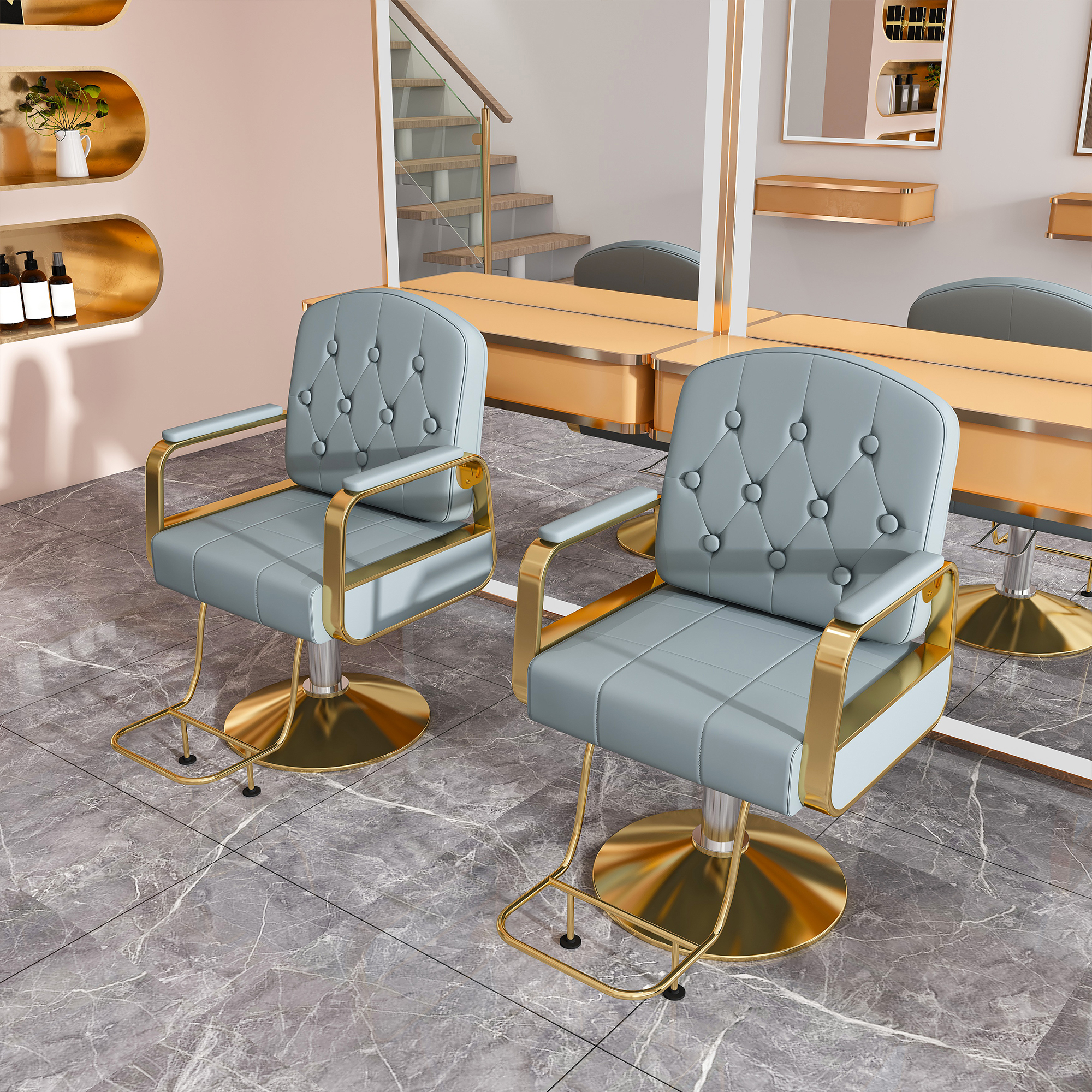 Silla de salón hidráulica profesional con giro 360 y bomba, azul y dorado.