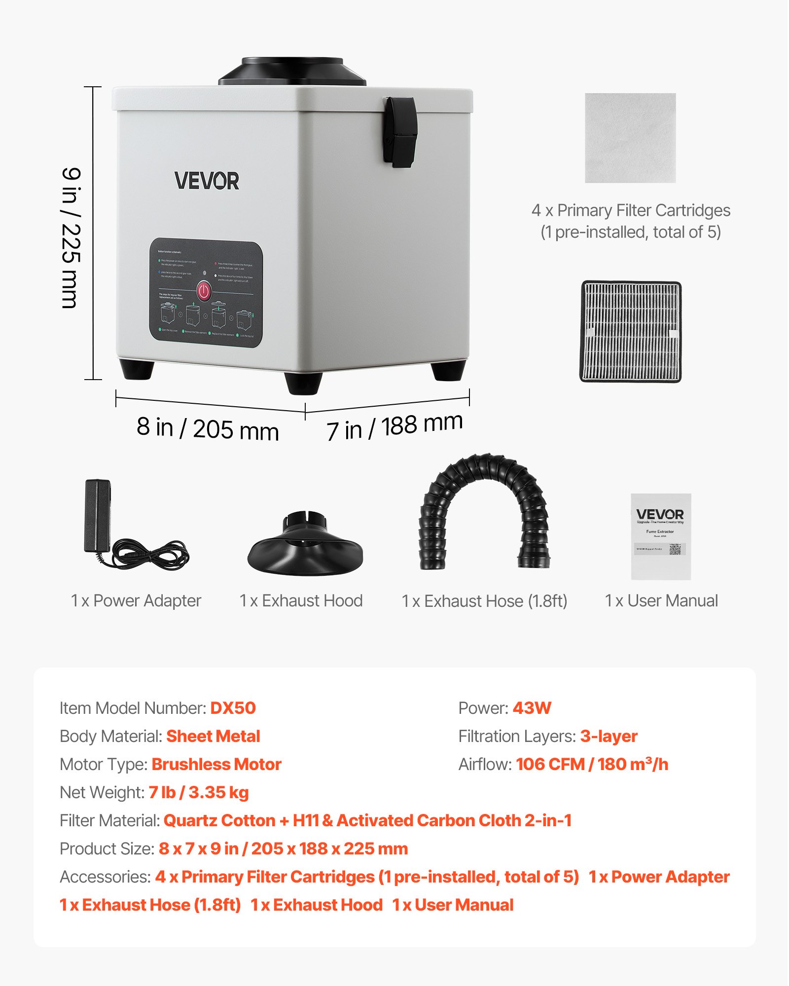 Extractor de Humo para Soldadura, 3 etapas, 180 M³/h, 3 niveles de flujo de aire.