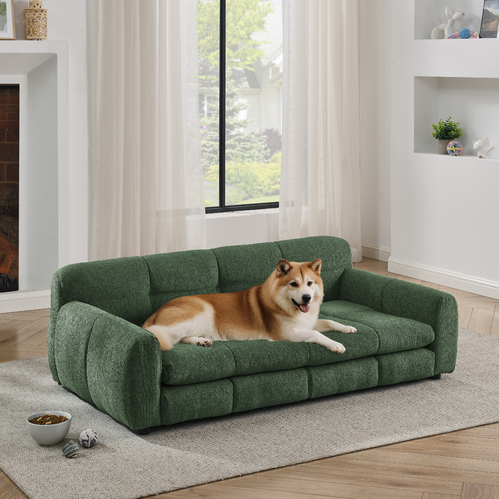 Cama/Sofá para perros grandes, suave, elevada, tela de lino, color verde oliva.