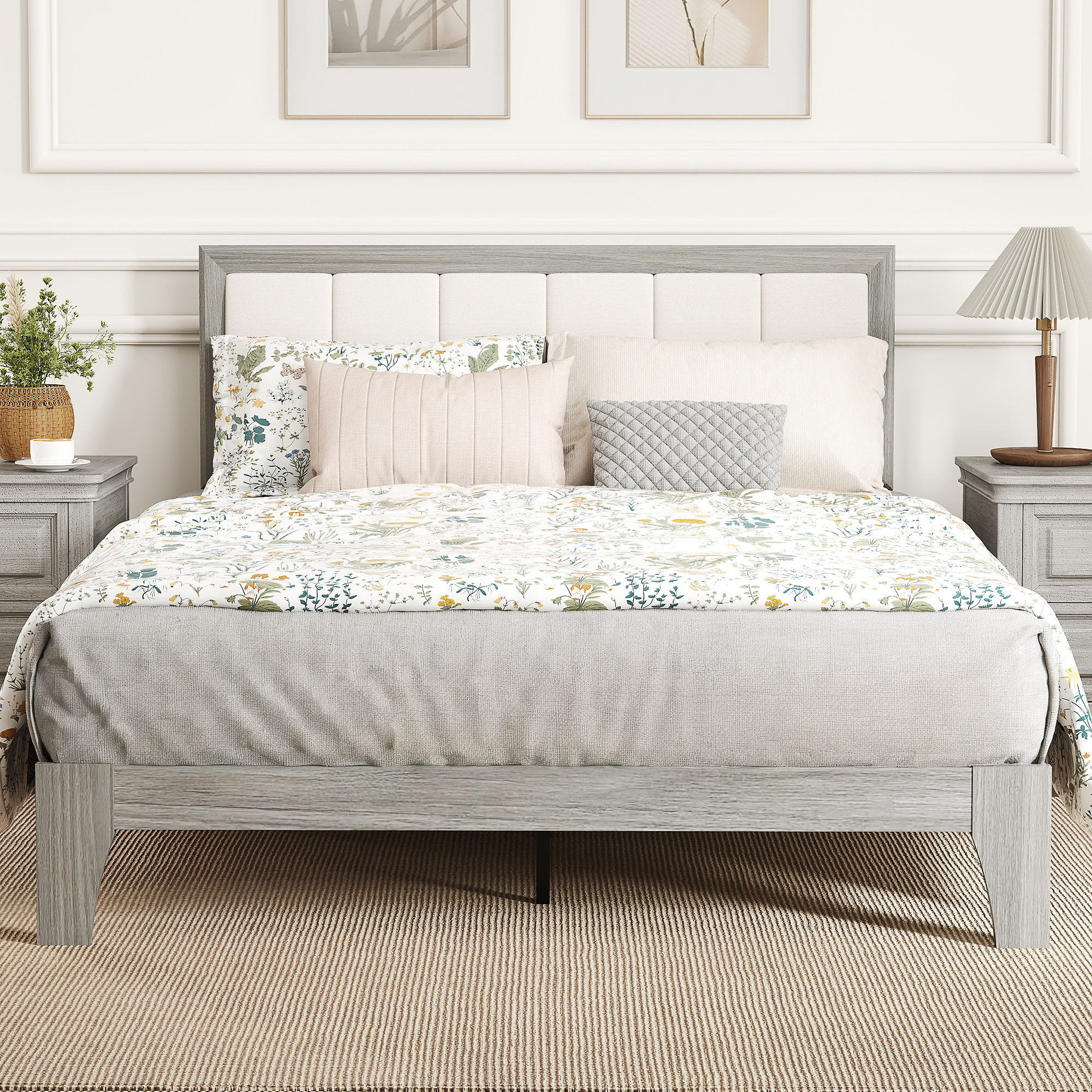 Base de cama Full con cabecero y listones de madera, fácil montaje, gris