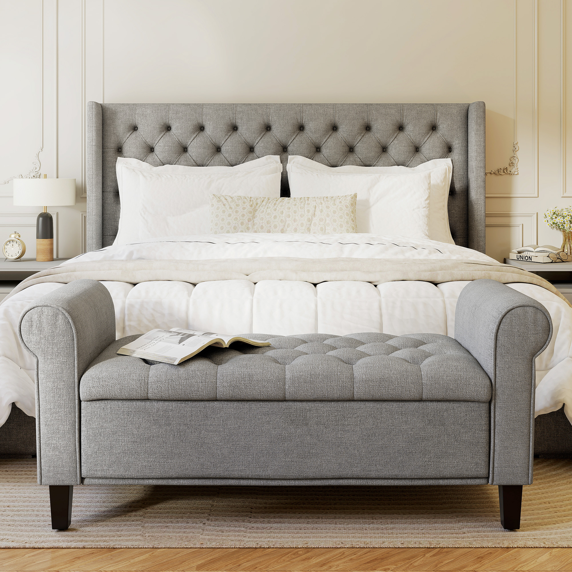 Otomana de almacenamiento de 50 pulgadas, banco pie de cama con brazos, gris