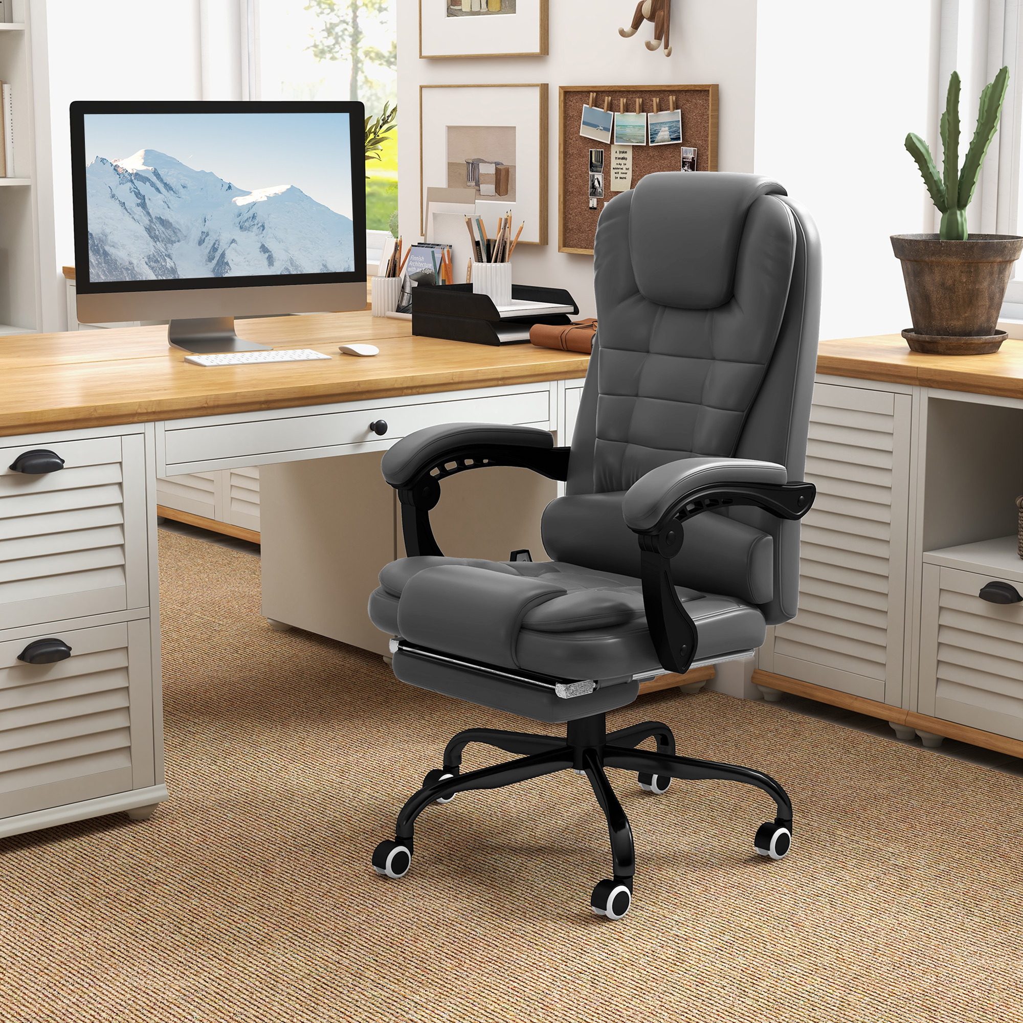 Silla de oficina con masaje vibratorio de 7 puntos, soporte lumbar, reposapiés, gris