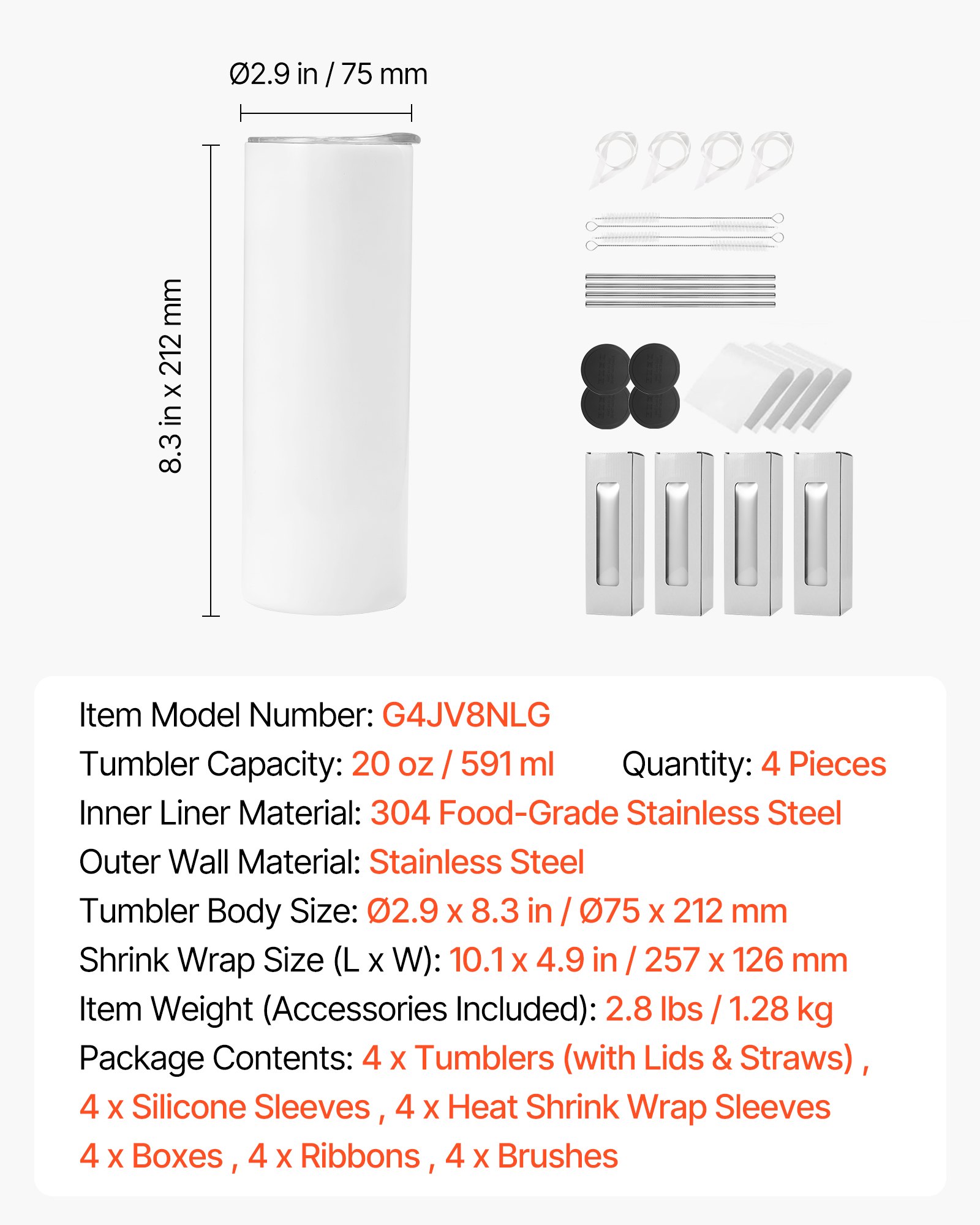 Sublimation Tumblers, 4 Pack, 20 Oz Skinny Straight Tumblers Bulk, Stainless Steel Sublimation Cups With Lids And Straws, Double Wall Insulated Tumbler Blank, For DIY Personalized Customization