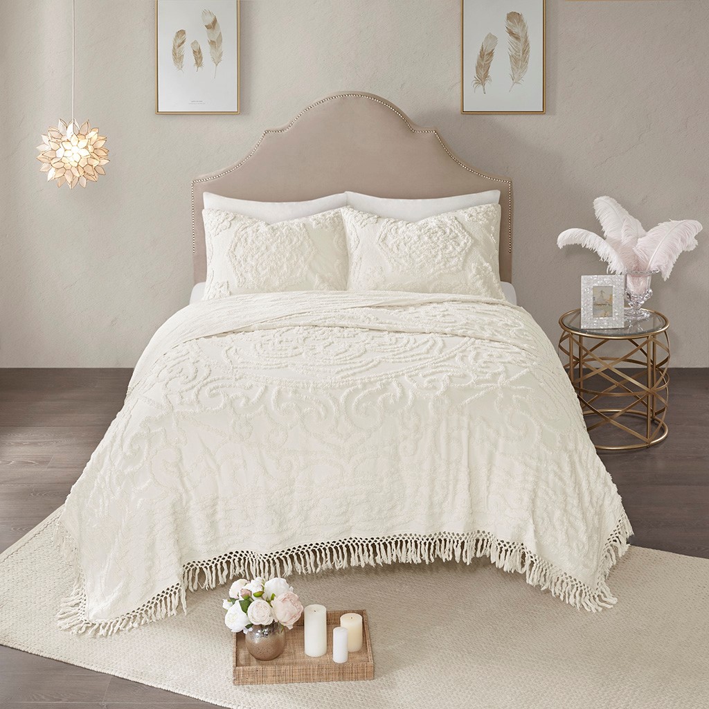 Tufted Cotton Chenille Medallion Fringe Coverlet Mini Set Off-White King Cal King