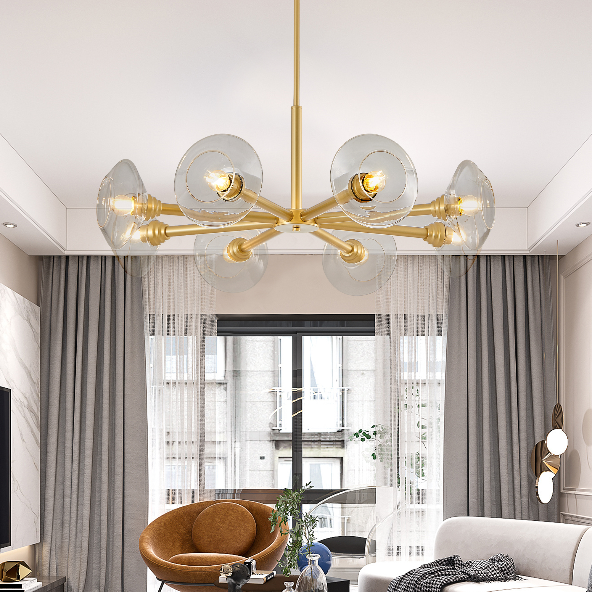 36  Modern Gold 8-Light Sputnik Chandelier With Clear Glass Shades, Mid-Century Hanging Pendant Light Fixture For Dining Room, Living Room, Or Kitchen Bulb Not Included