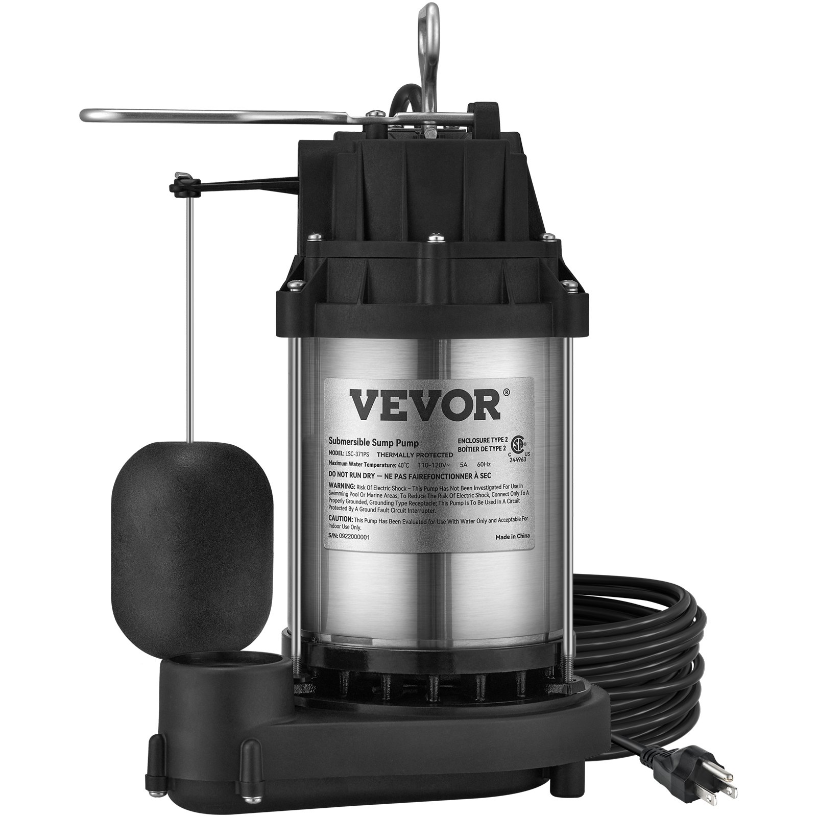 Bomba de sumidero sumergible 1/2 HP, 3960 GPH, descarga 1-1/2" NPT, 33 pies