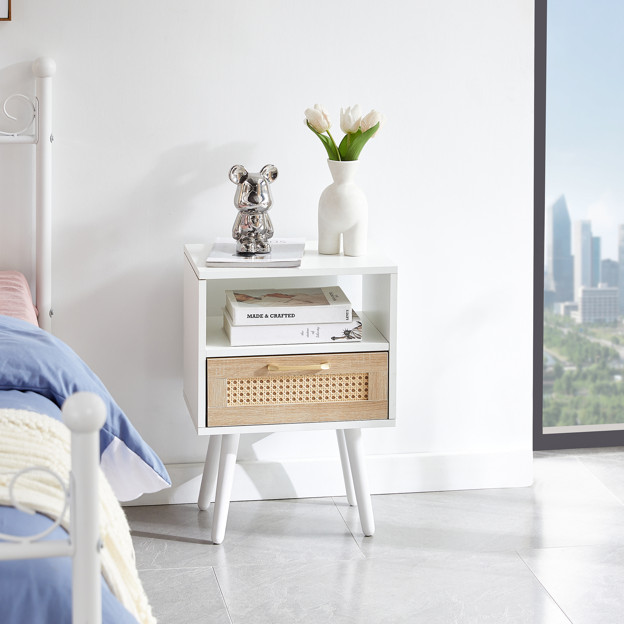 15.75  Rattan End Table With  Drawer And Solid Wood Legs, Modern Nightstand, Side Table For Living Room, Bedroom, White